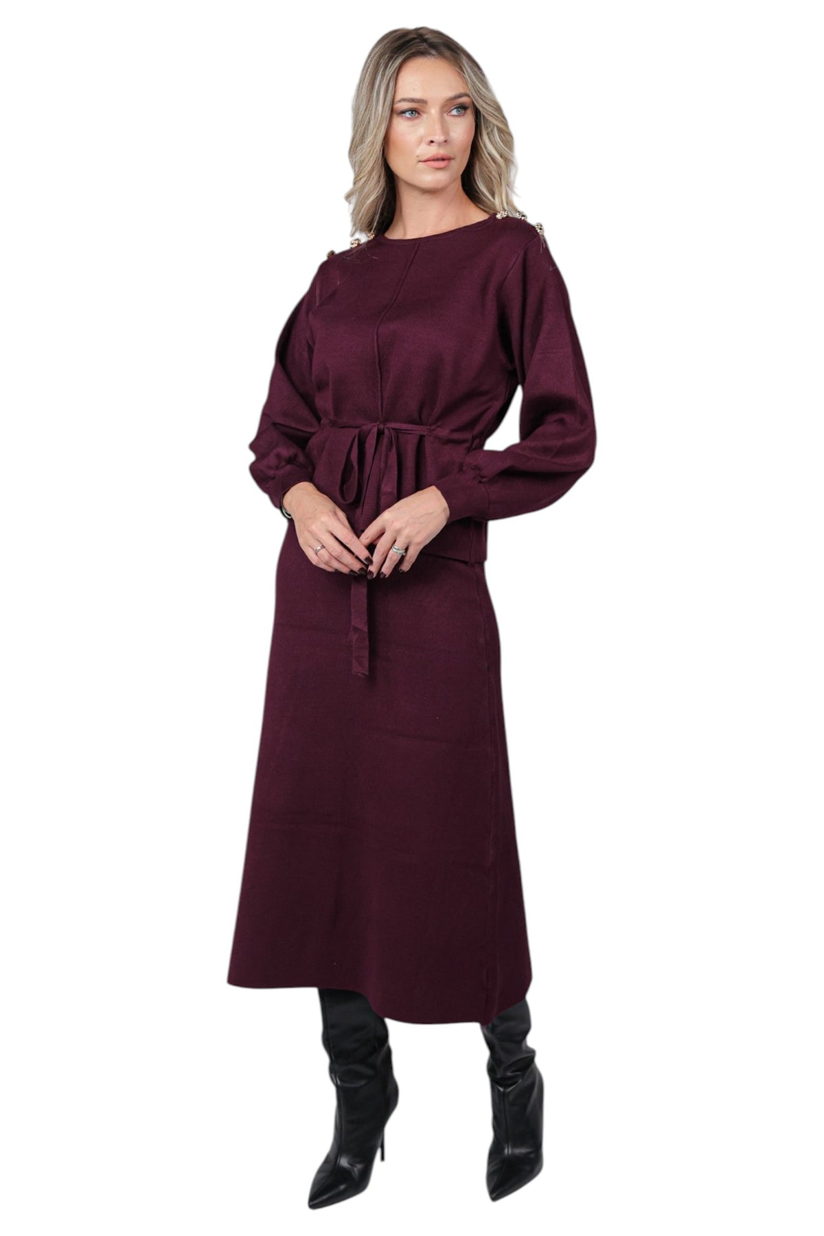 Compleu cu Fusta Midi si Bluza cu Cordon in Talie