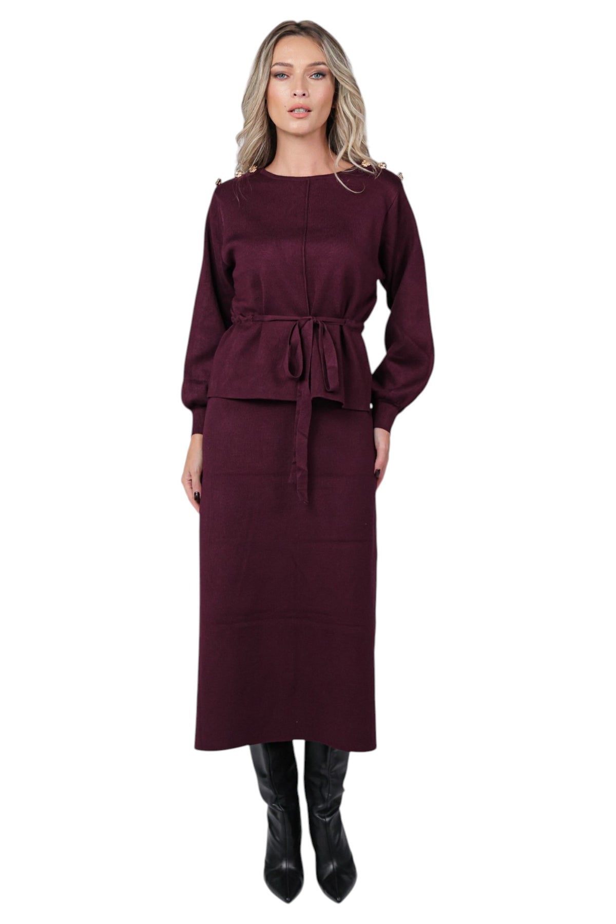 Compleu cu Fusta Midi si Bluza cu Cordon in Talie