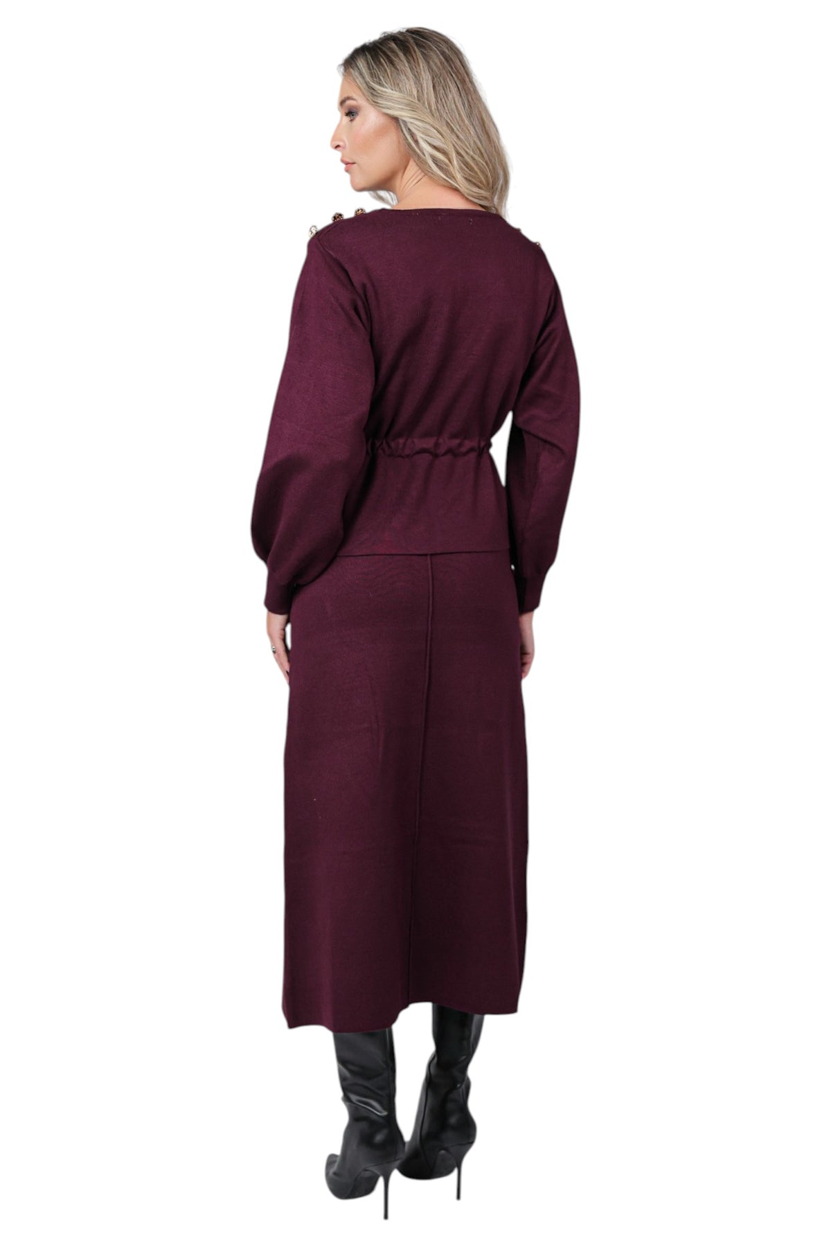 Compleu cu Fusta Midi si Bluza cu Cordon in Talie