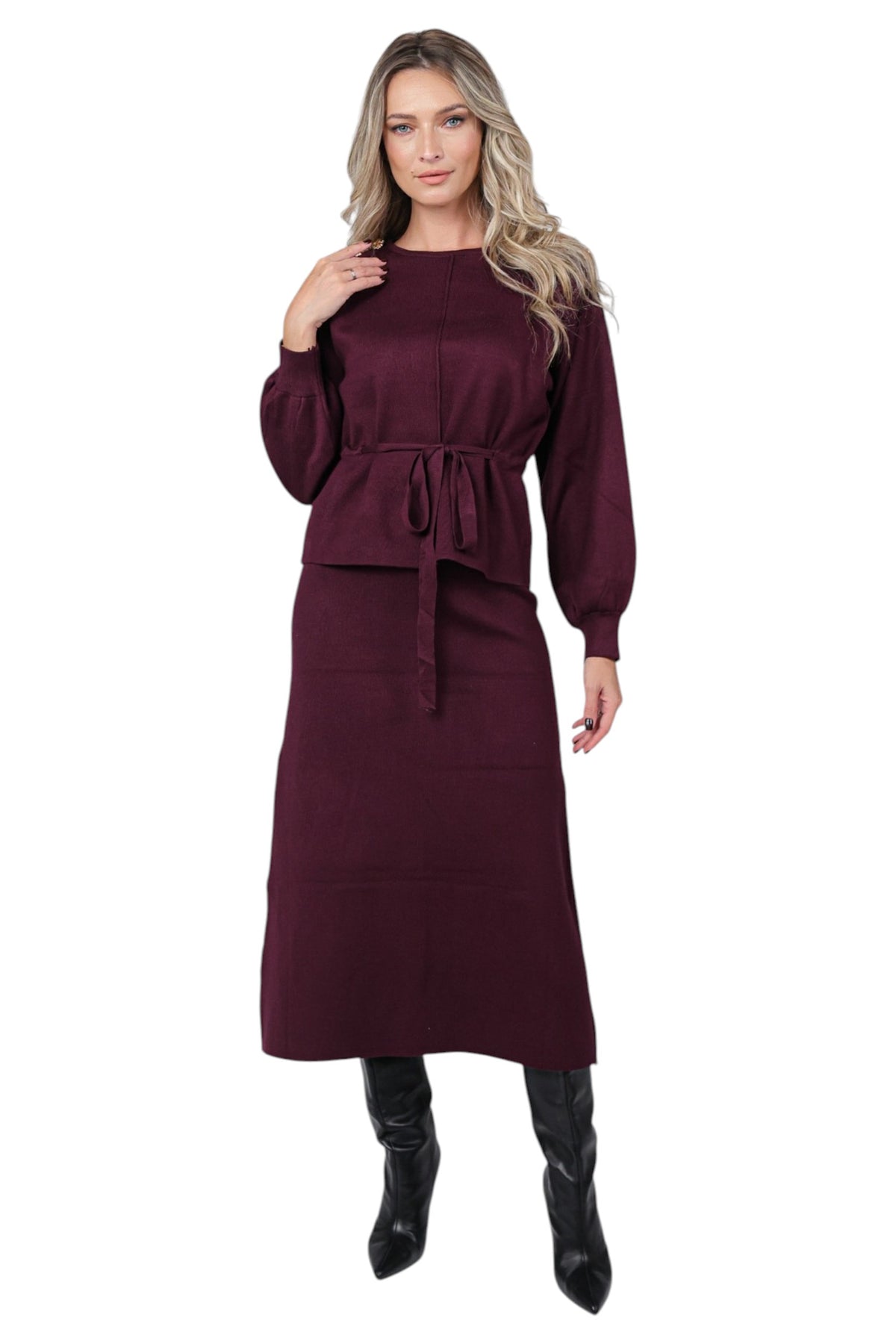 Compleu cu Fusta Midi si Bluza cu Cordon in Talie