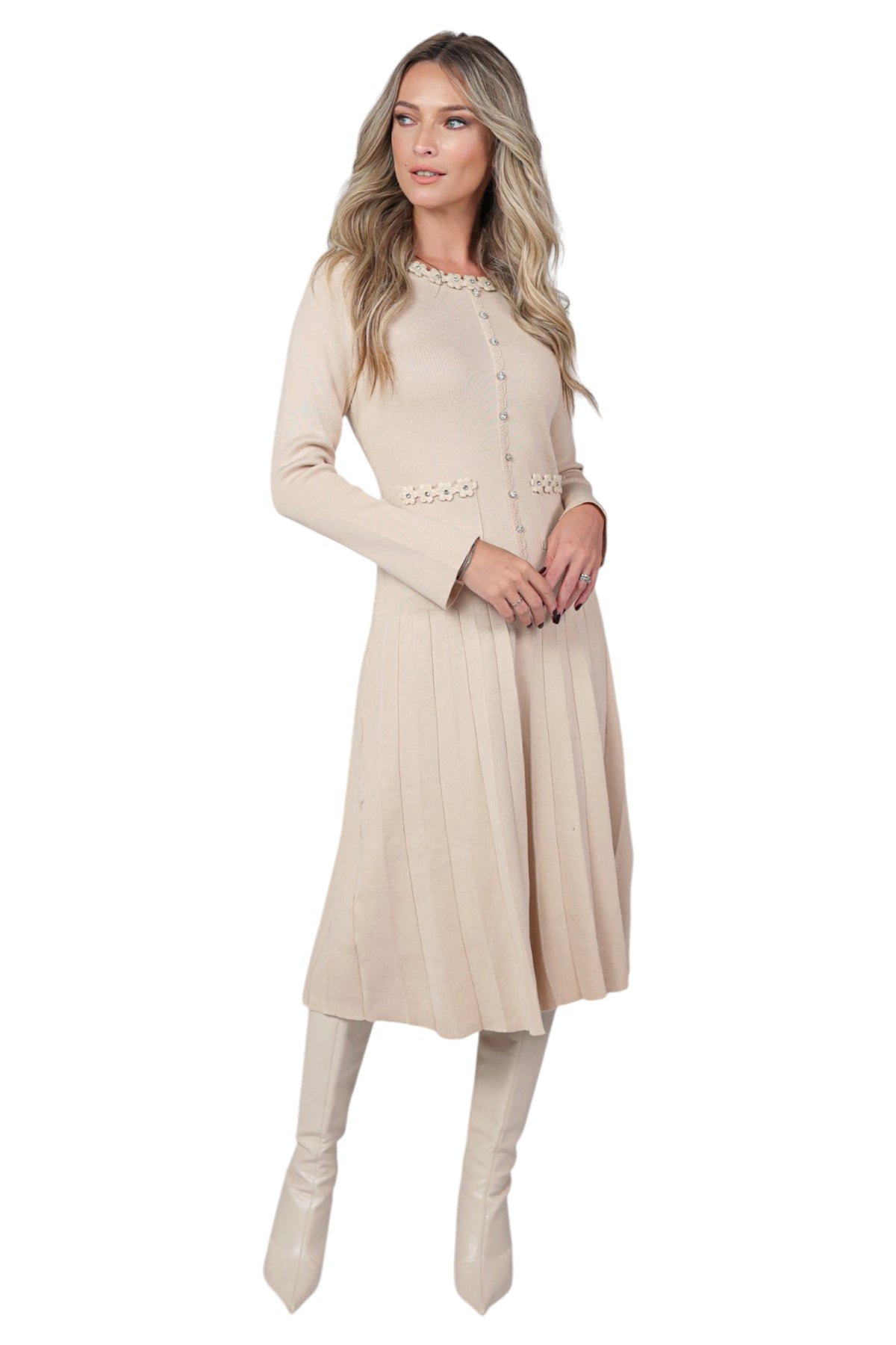Rochie Bej din Tricot cu Pliseu