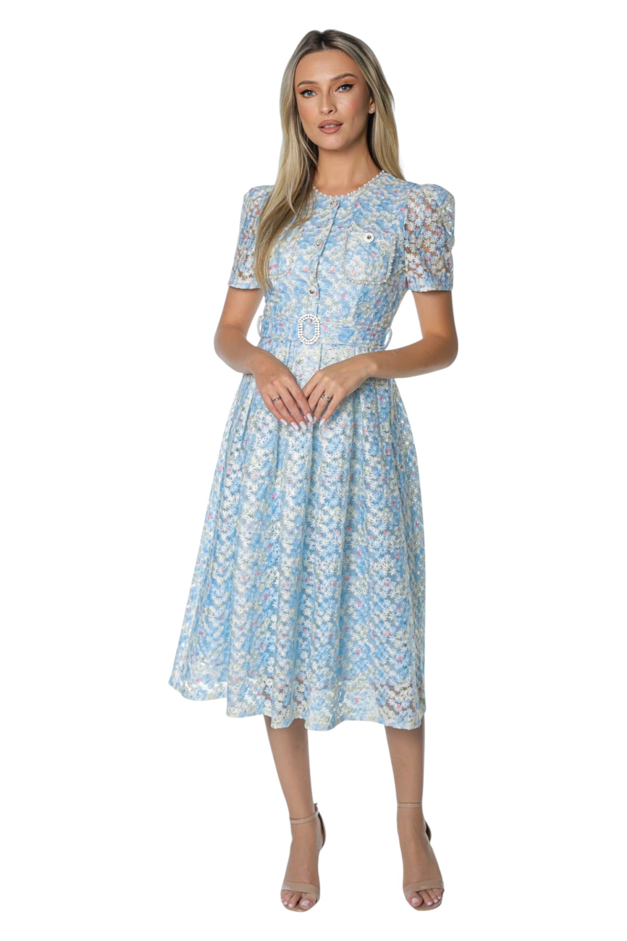 Rochie Bleu din Broderie pe Organza