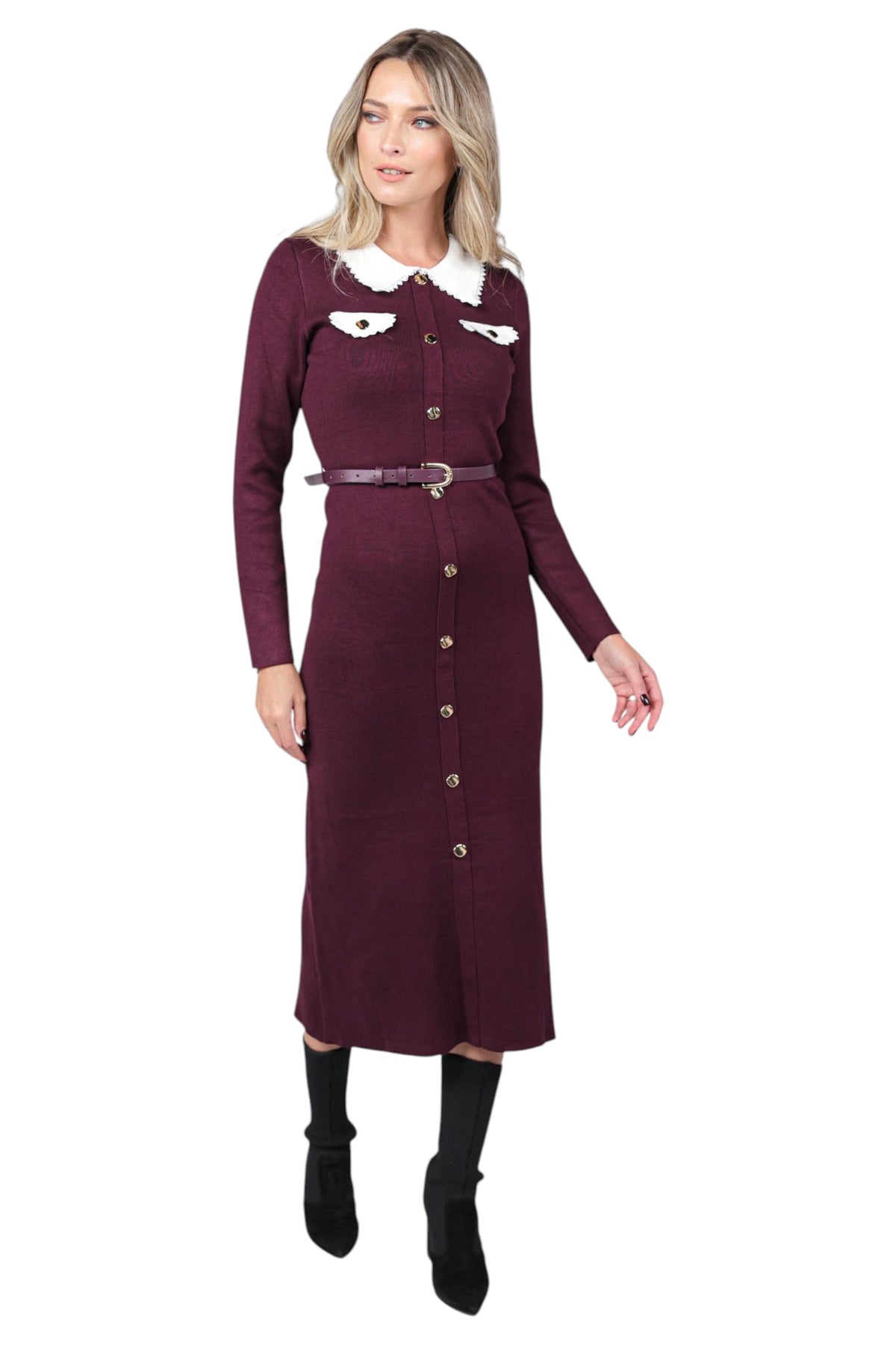 Rochie Casual cu Centura si Guler Alb