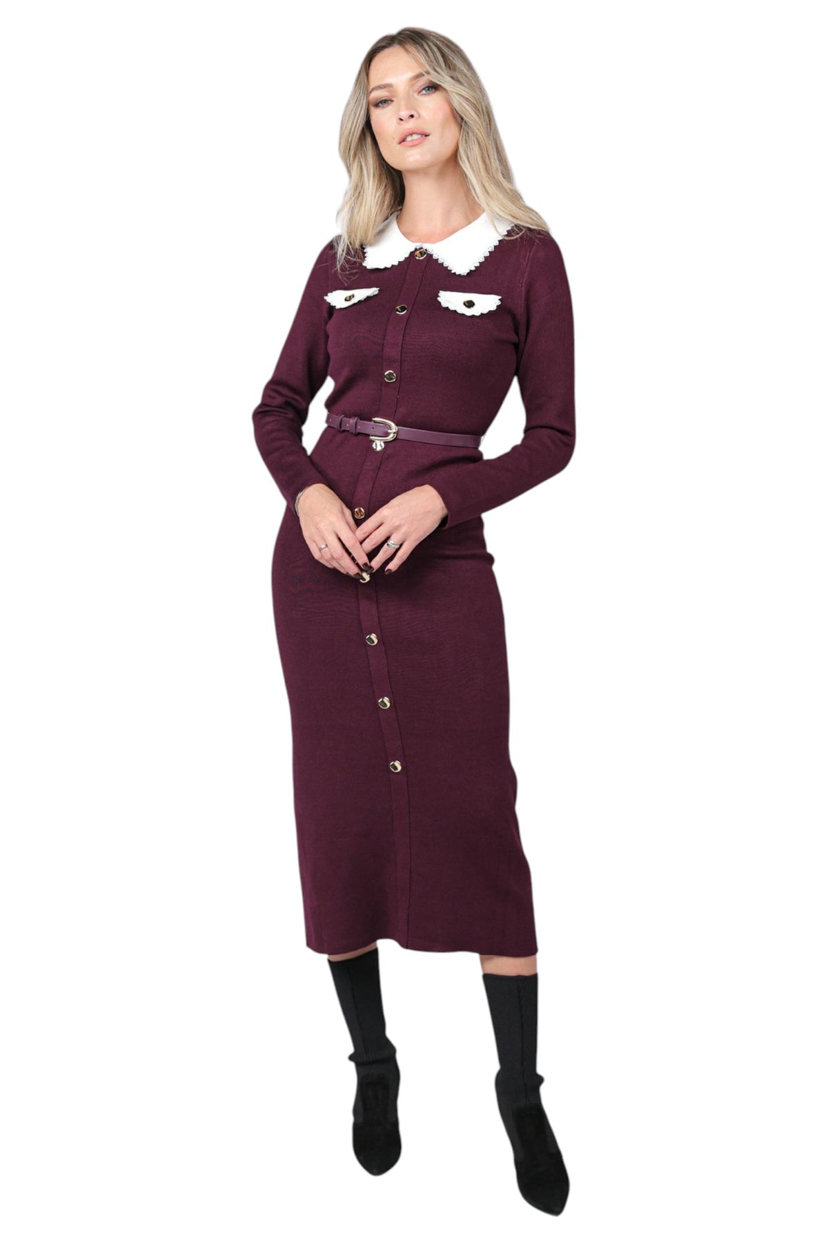 Rochie Casual cu Centura si Guler Alb
