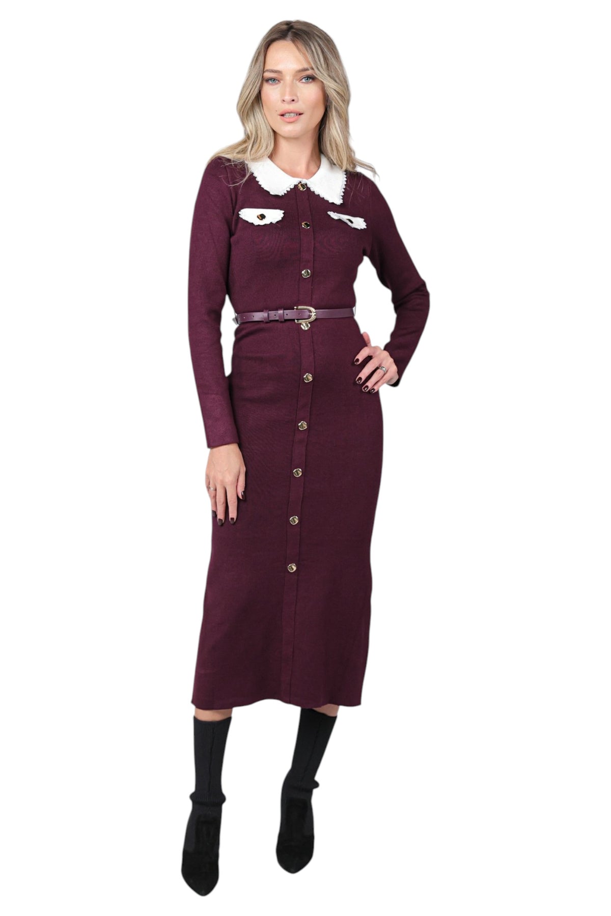 Rochie Casual cu Centura si Guler Alb