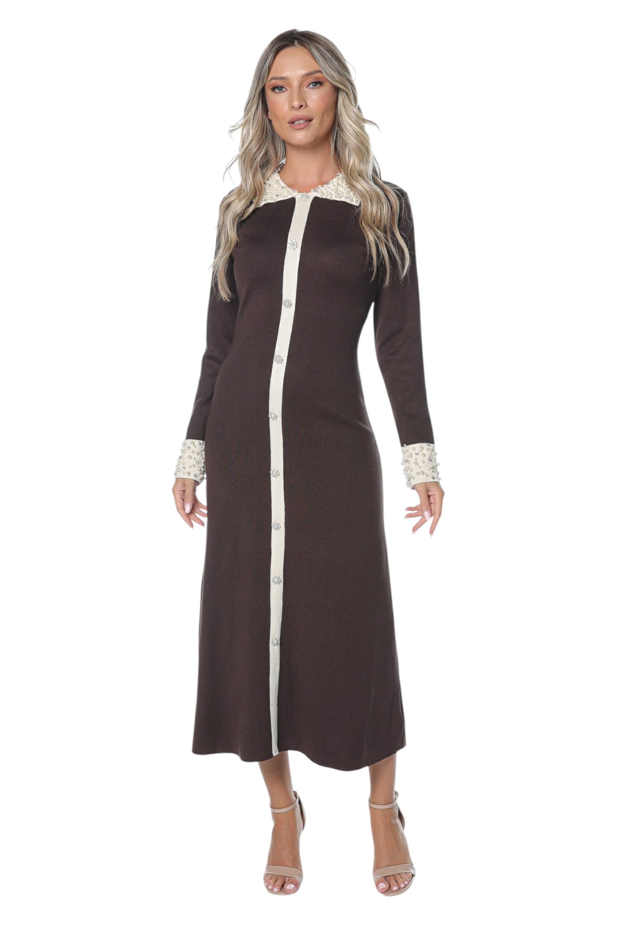 Rochie Conica cu Guler si Mansete din Perle