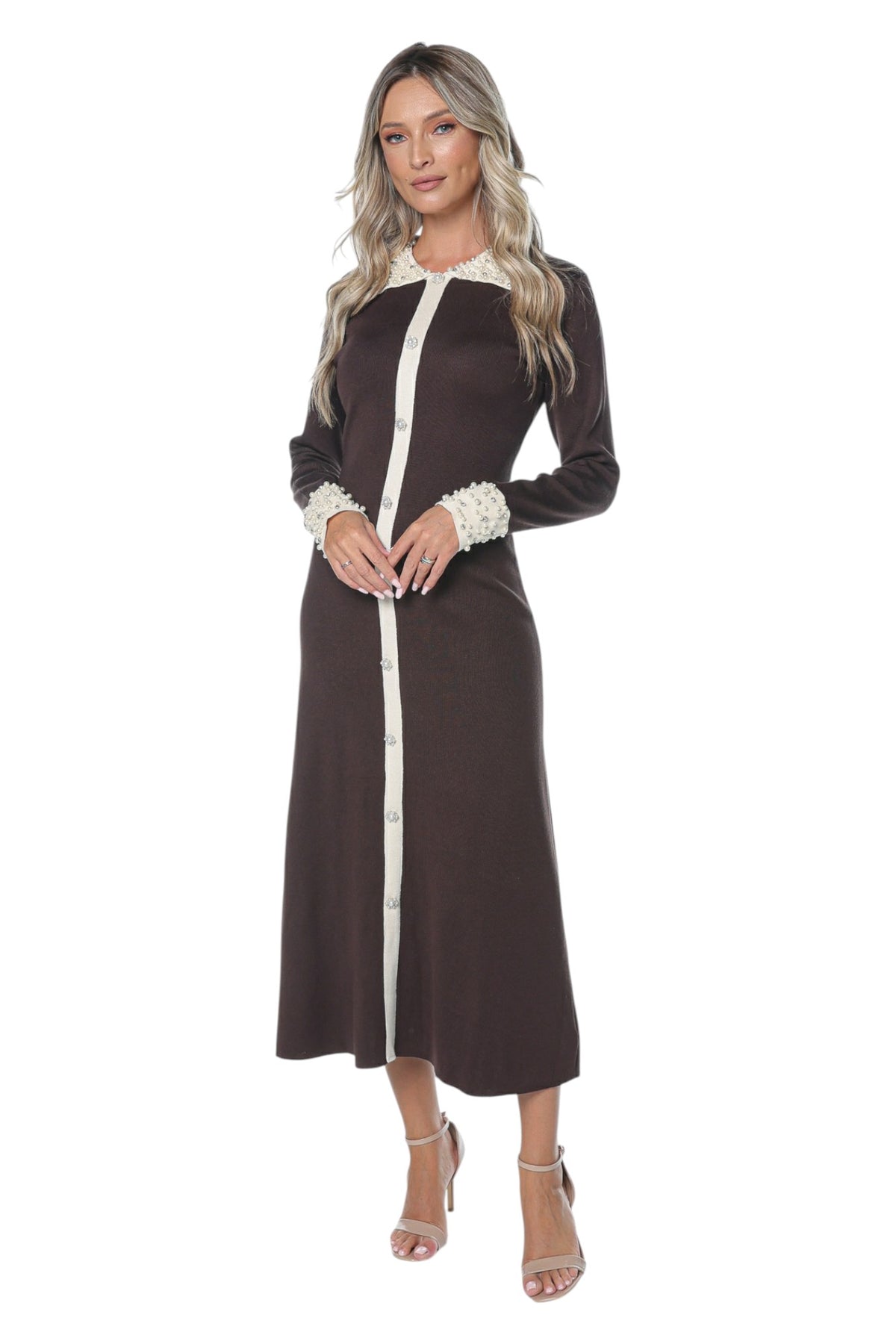 Rochie Conica cu Guler si Mansete din Perle