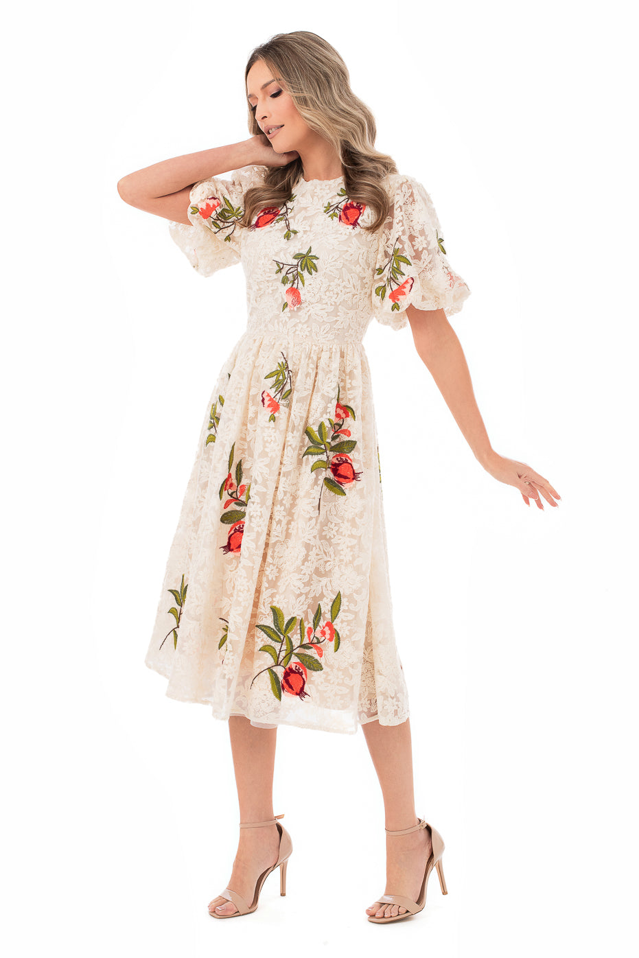 Rochie Cream Din Dantela Cu Flori Brodate-LIMITED EDITION