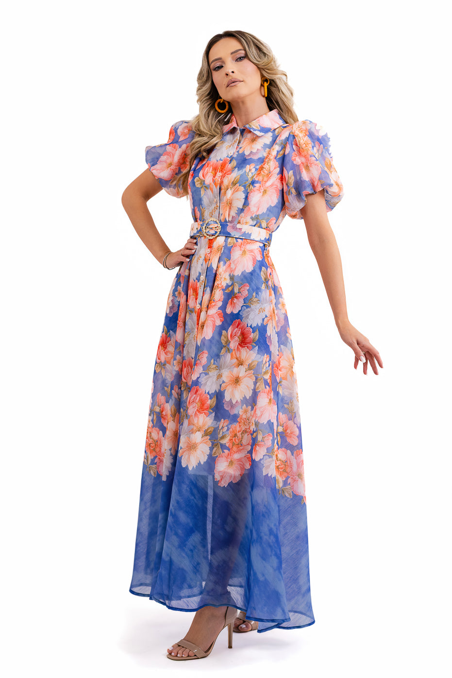 Rochie Din Organza Albastra Si Flori Corai