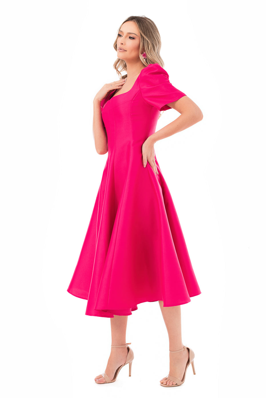 Rochie Fucsia cu Maneci Scurte
