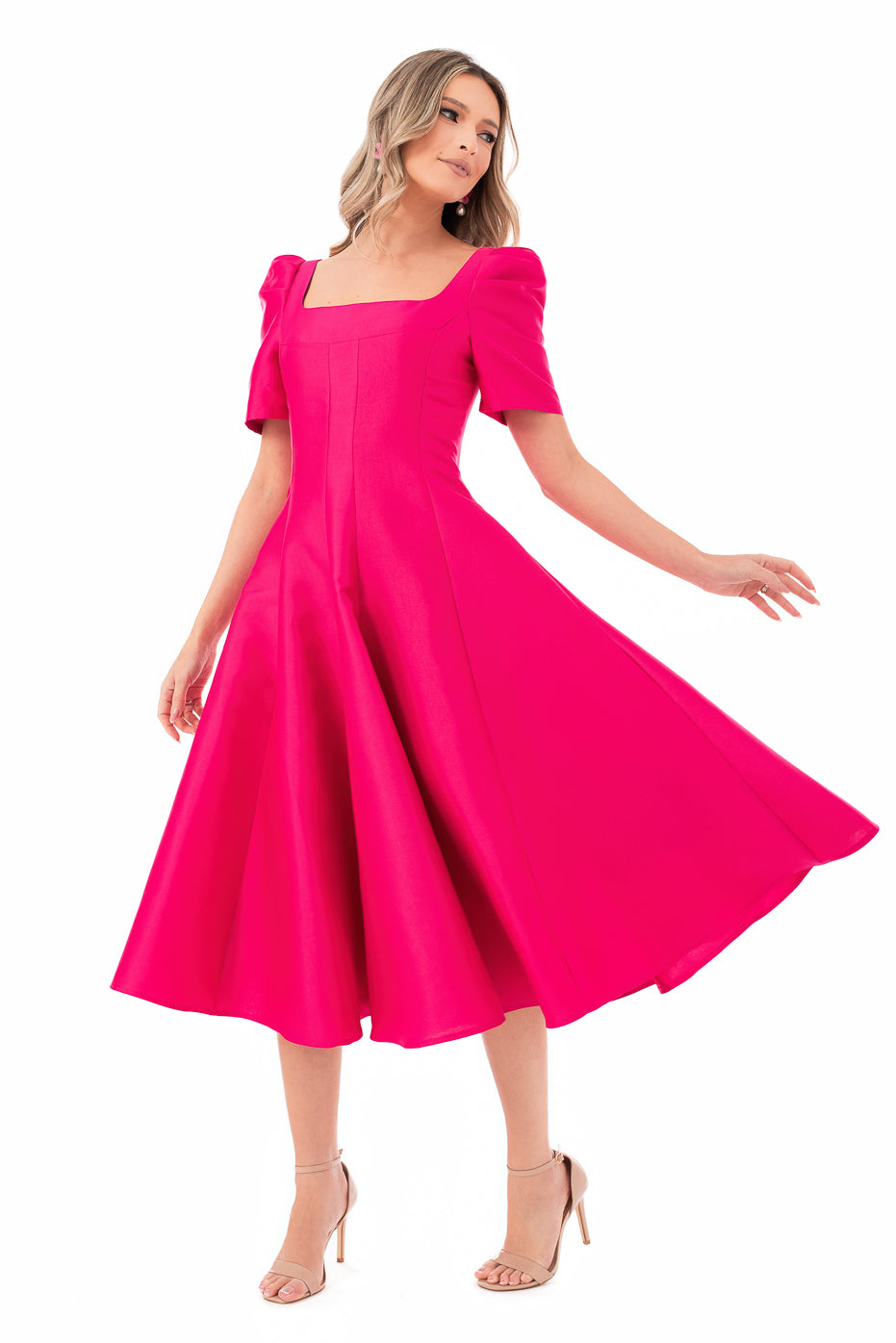 Rochie Fucsia cu Maneci Scurte