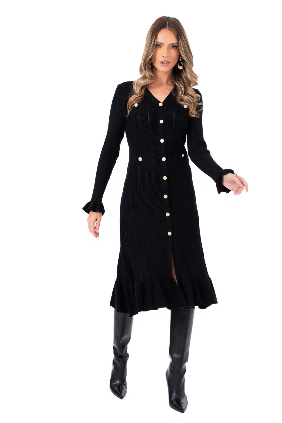 Rochie Midi Neagra Din Tricot