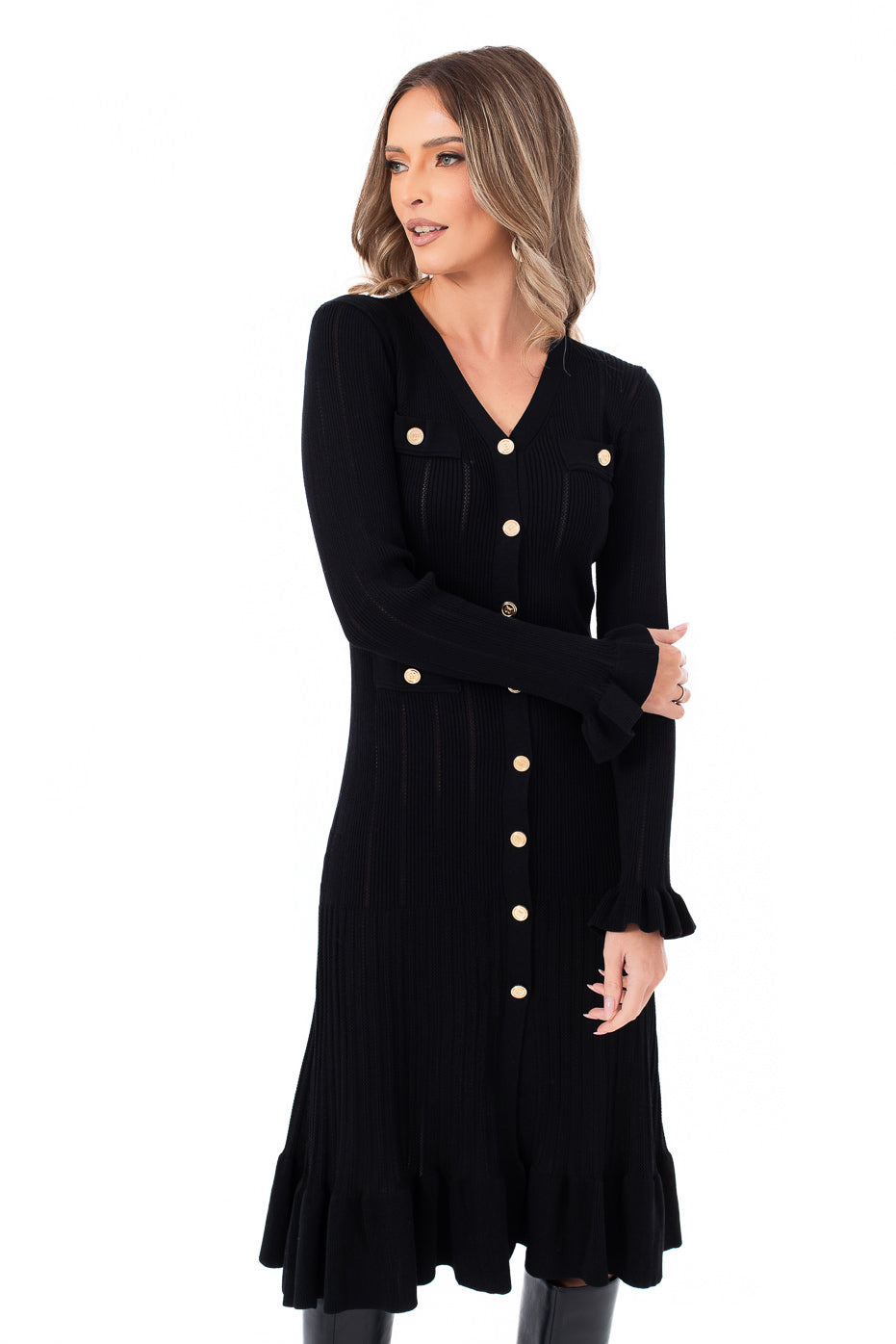 Rochie Midi Neagra Din Tricot
