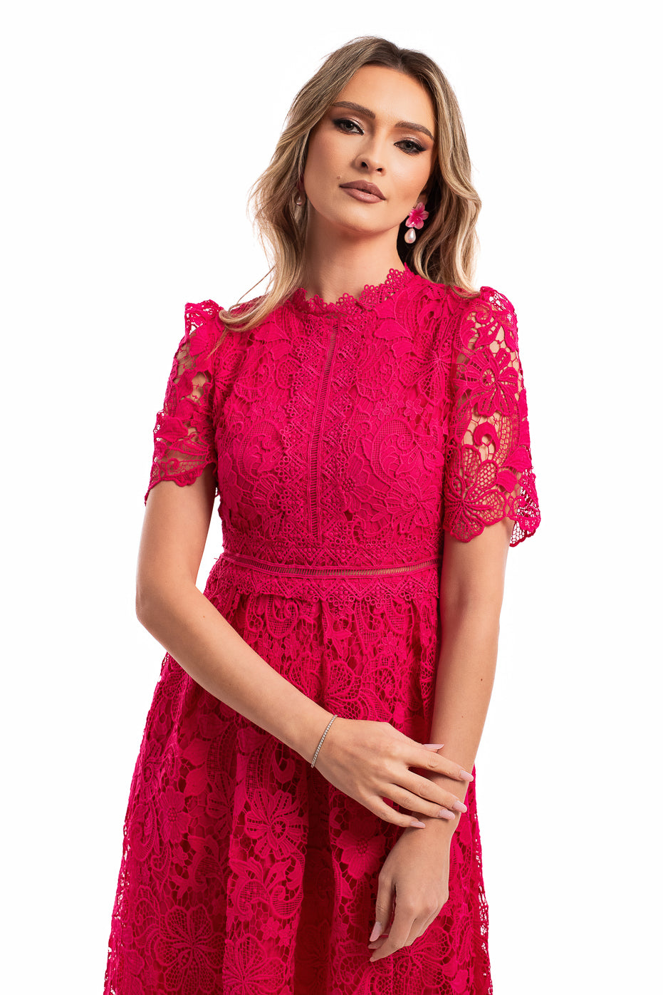 Rochie Midi din Dantela Fucsia
