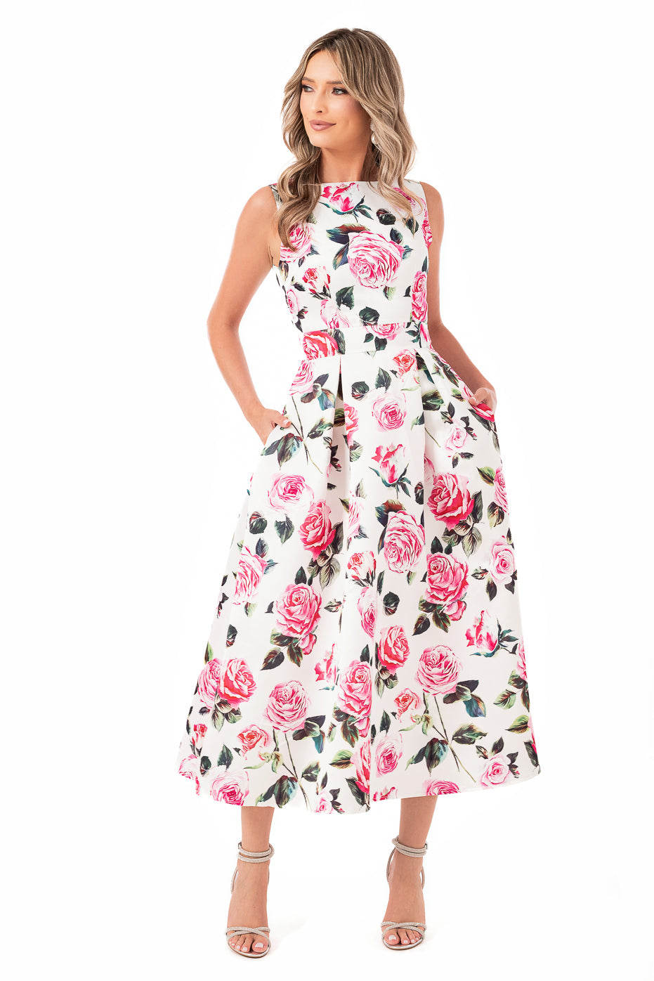 Rochie Midi din Tafta cu Flori Roz