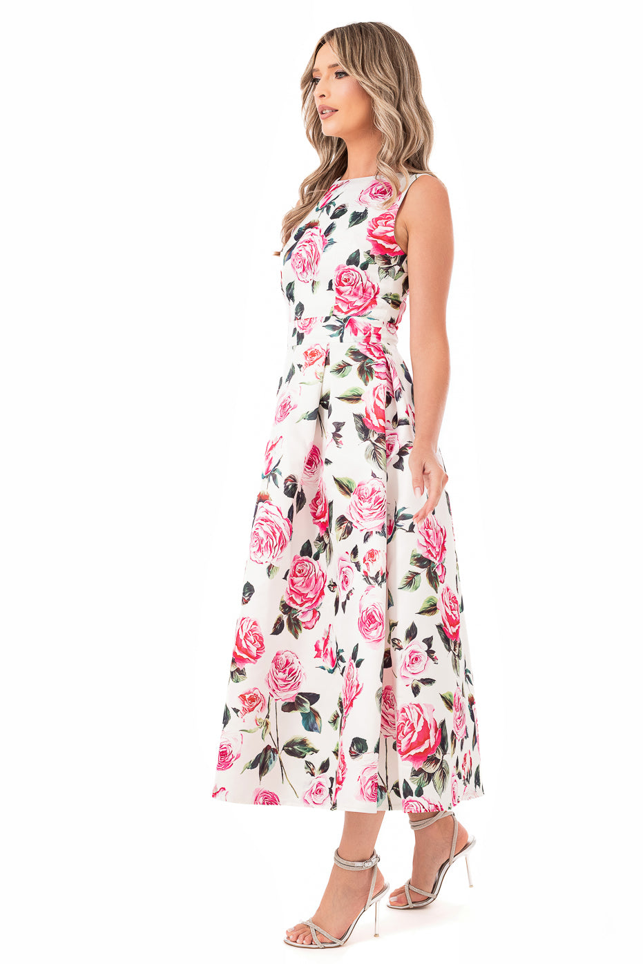 Rochie Midi din Tafta cu Flori Roz