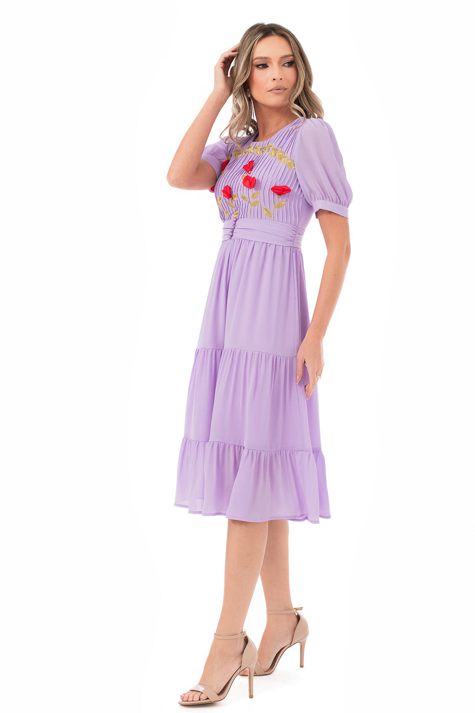 Rochie Mov Cu Flori Rosii Cusute Manual- LIMITED EDITION
