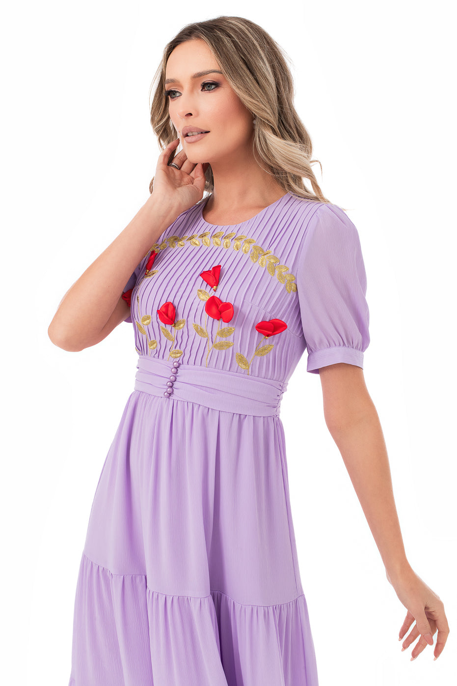 Rochie Mov Cu Flori Rosii Cusute Manual- LIMITED EDITION