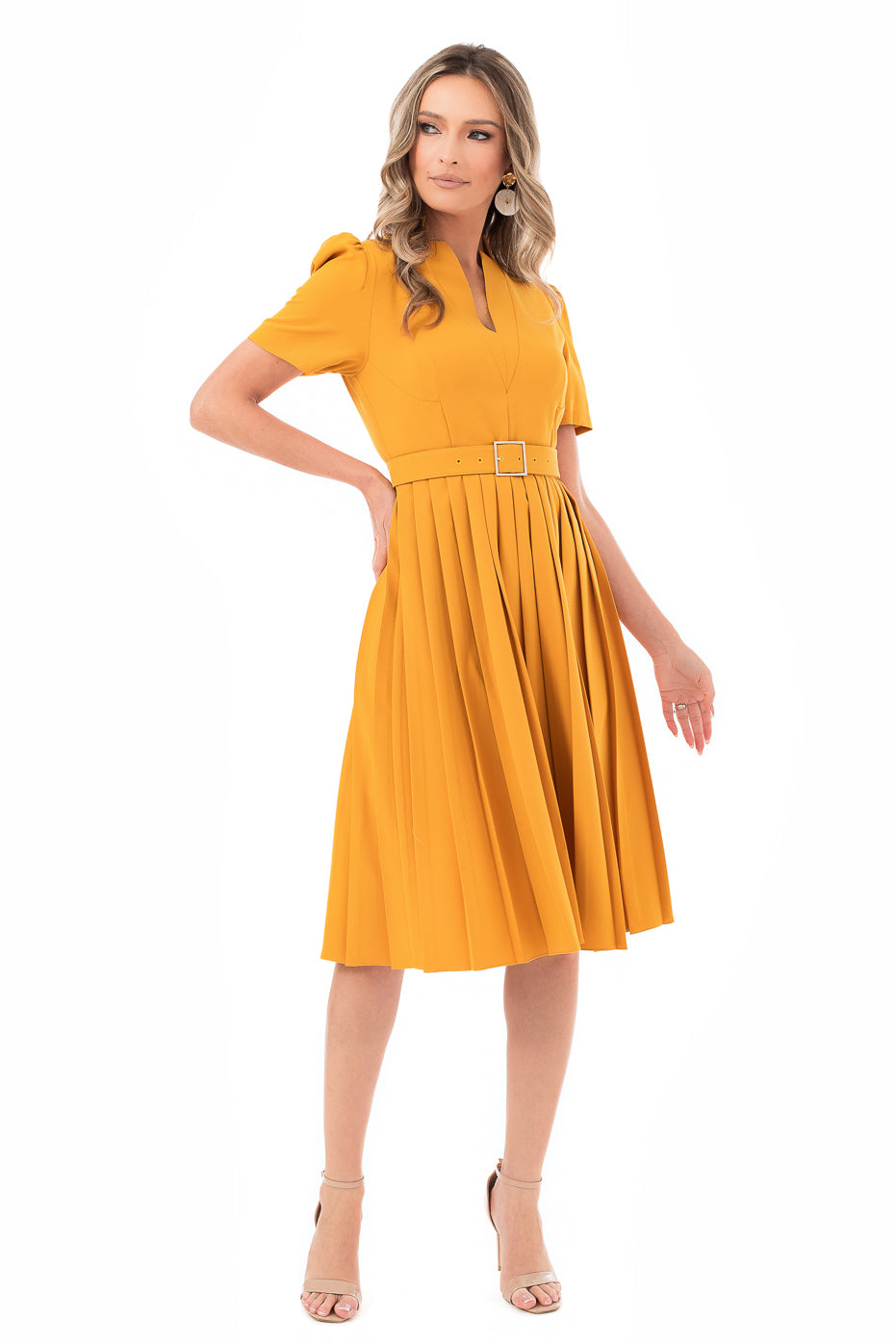 Rochie Mustar Cu Fusta Plisata Si Centura Detasabila- LIMITED EDITION