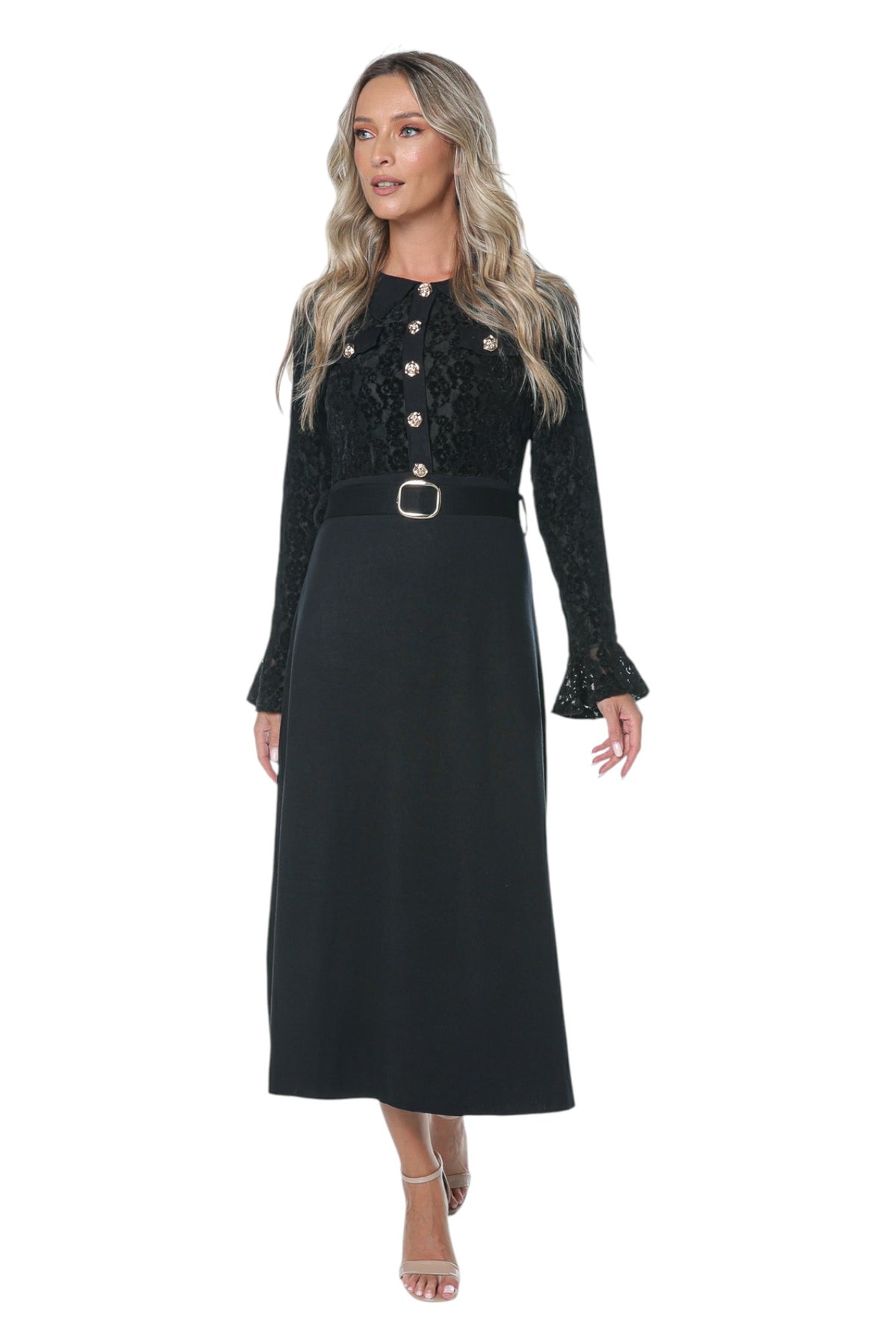 Rochie Neagra cu Bust din Broderie cu Catifea