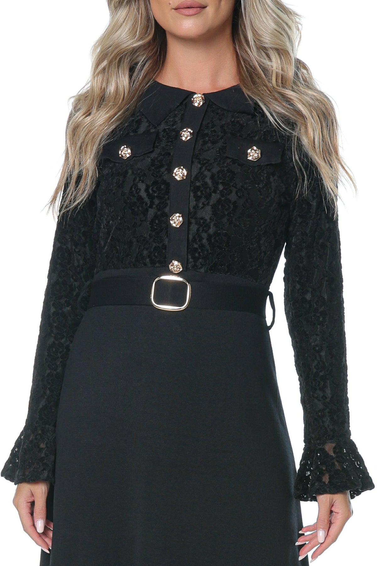 Rochie Neagra cu Bust din Broderie cu Catifea