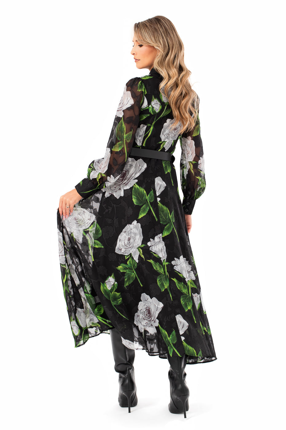 Rochie Neagra din Voal cu Insertii si Fusta Ampla