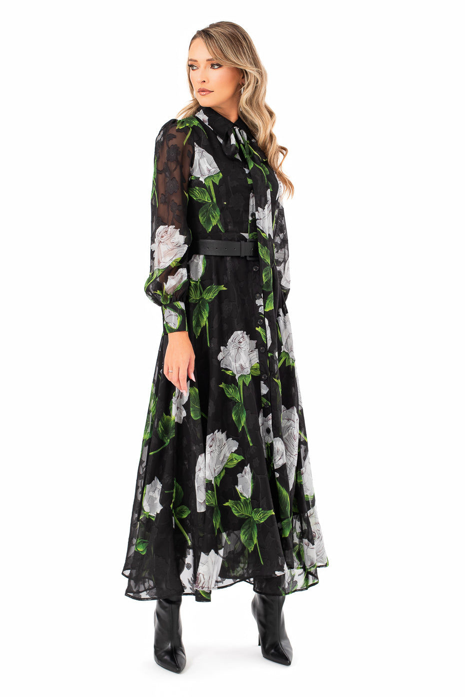 Rochie Neagra din Voal cu Insertii si Fusta Ampla
