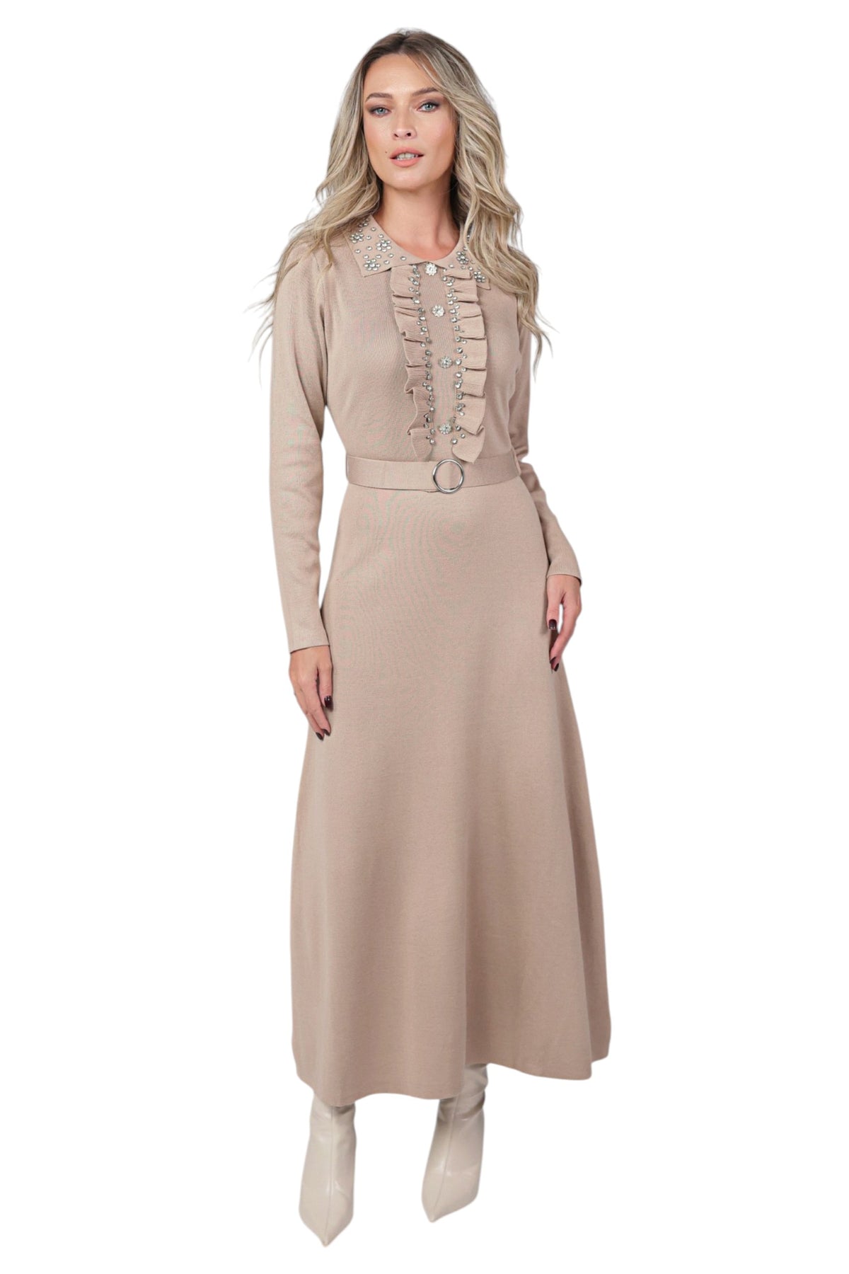 Rochie Nude cu Centura si Strasuri pe Rever