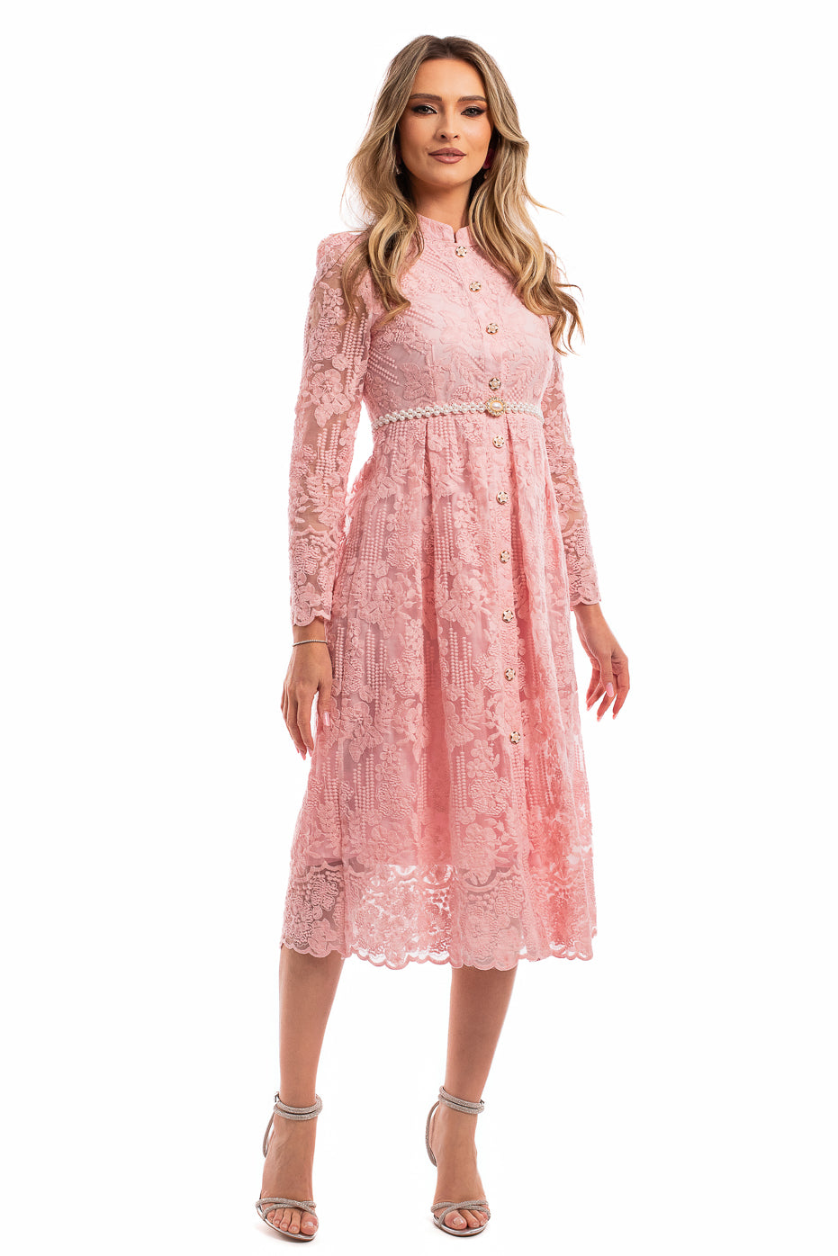 Rochie Roz din Dantela cu Centura din Perle