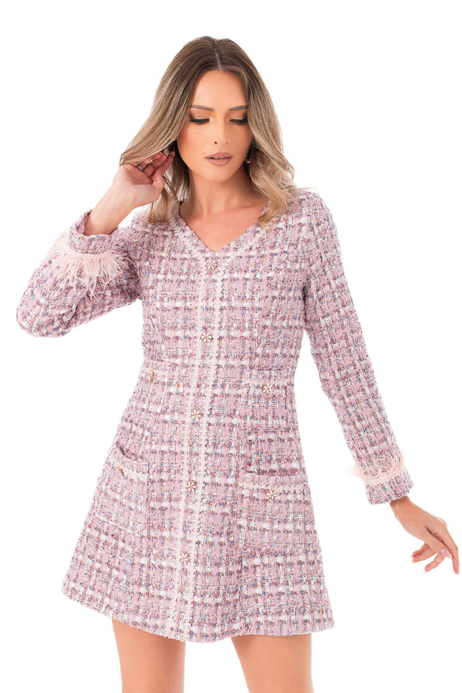 Rochie Roz din Stofa cu Nasturi