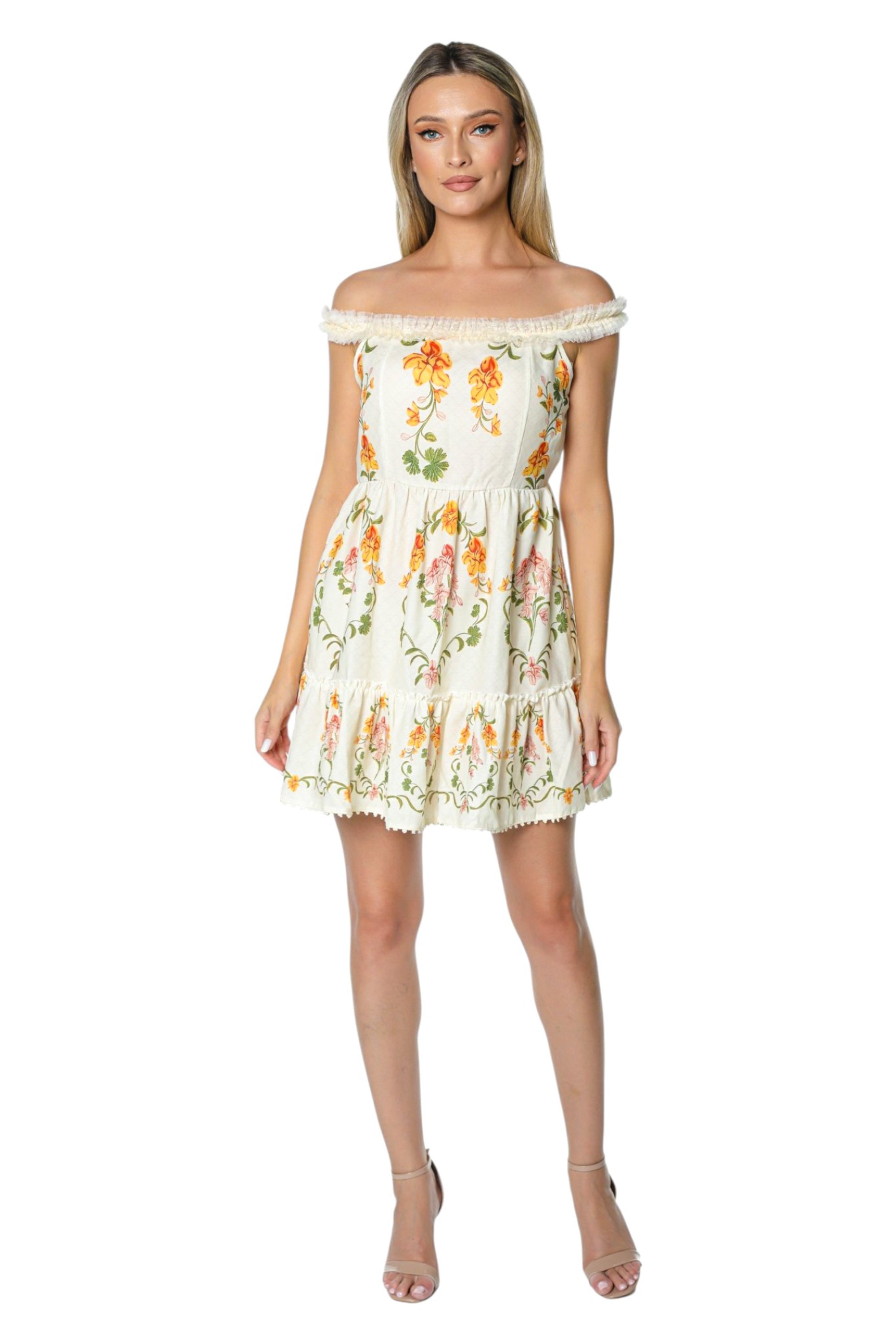Rochie Scurta cu Imprimeu Floral si Umeri Goi