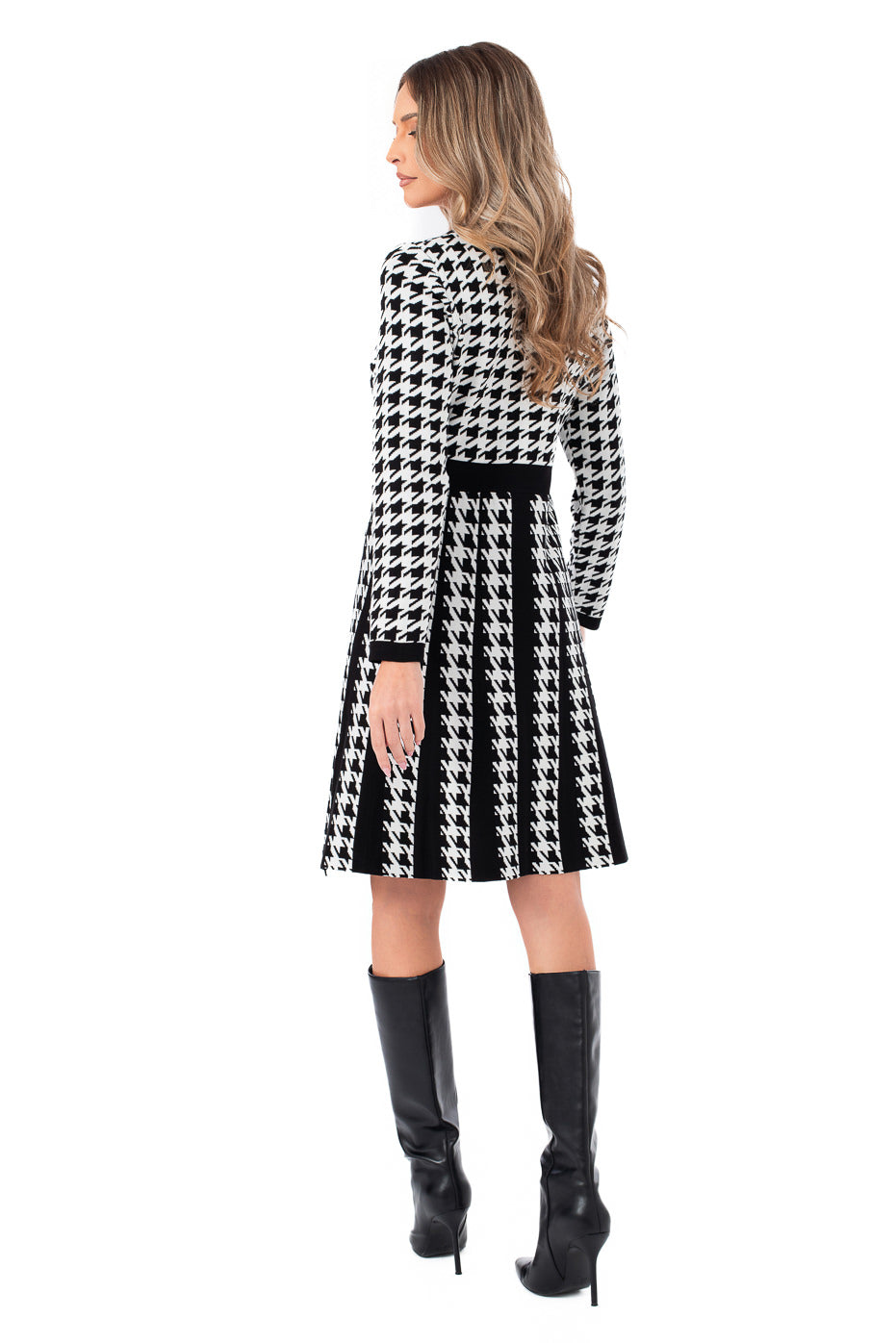 Rochie cu Imprimeu Pepit si Nasturi Aurii