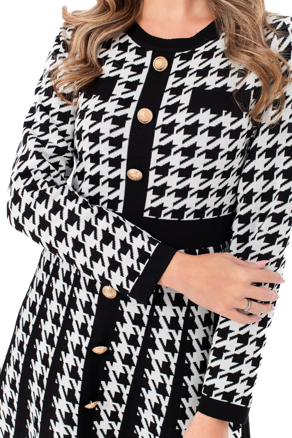 Rochie cu Imprimeu Pepit si Nasturi Aurii