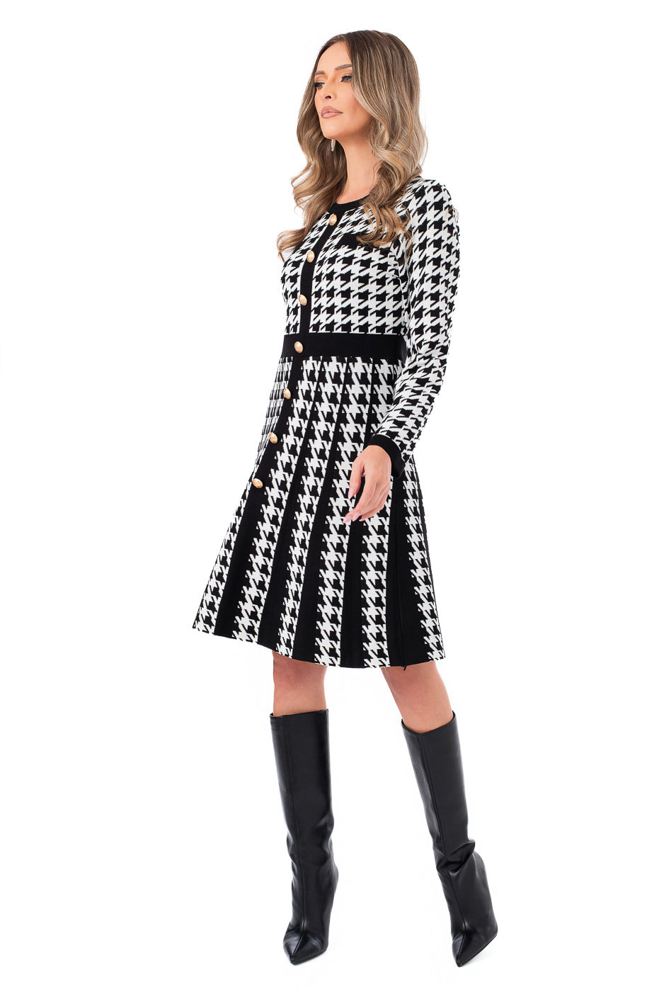 Rochie cu Imprimeu Pepit si Nasturi Aurii