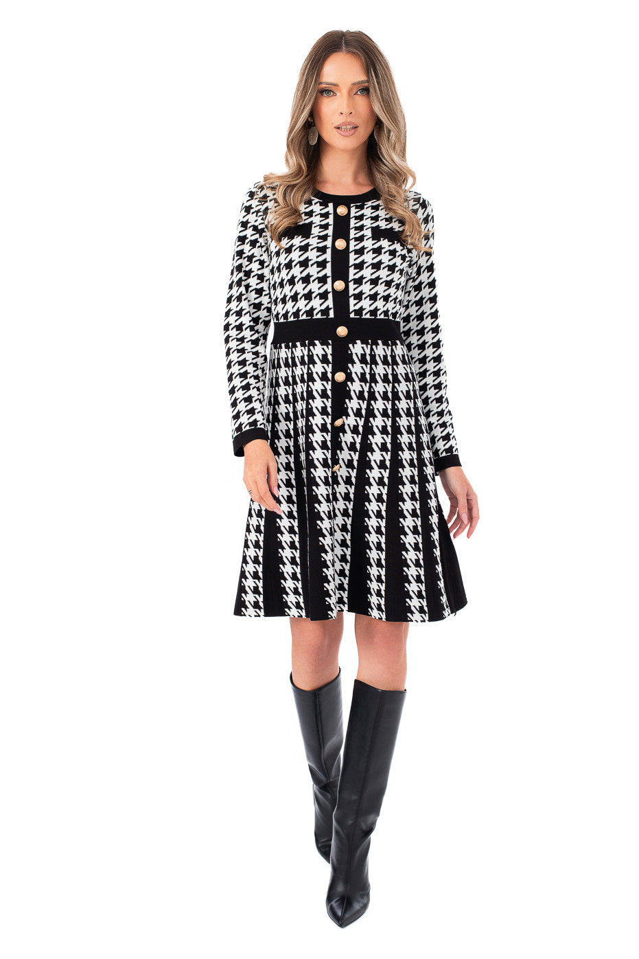 Rochie cu Imprimeu Pepit si Nasturi Aurii