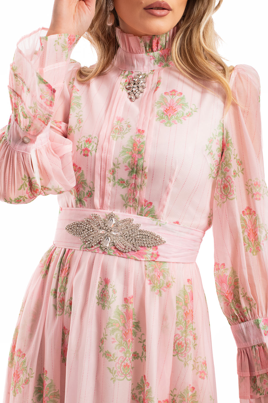 Rochie de Seara din Organza Roz cu Strasuri