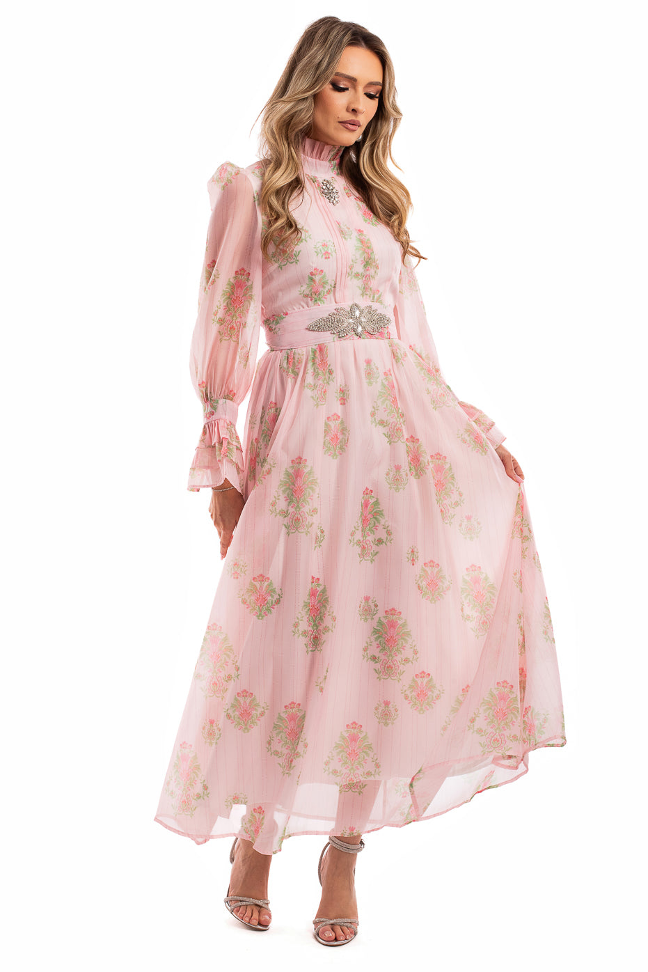Rochie de Seara din Organza Roz cu Strasuri