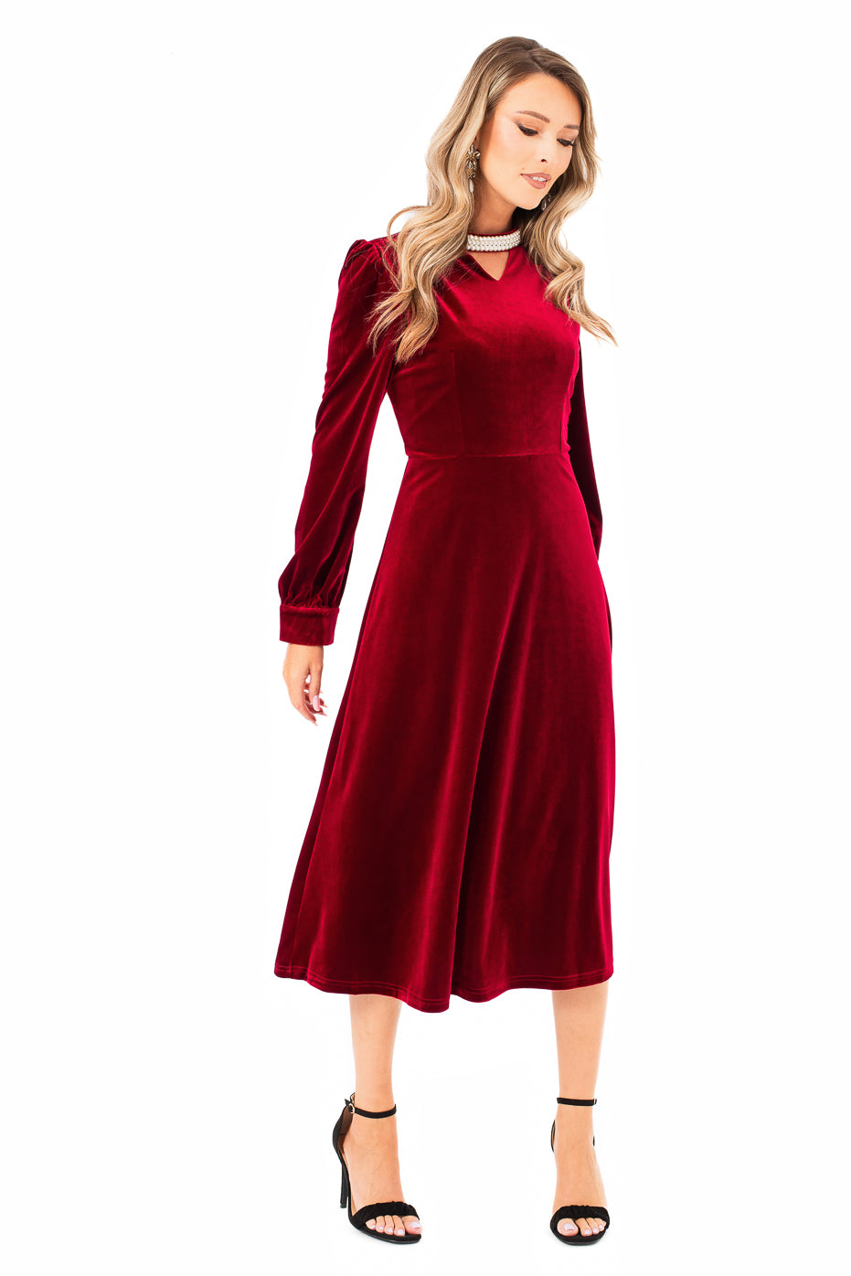 Rochie din Catifea Visinie cu Guler din Margele