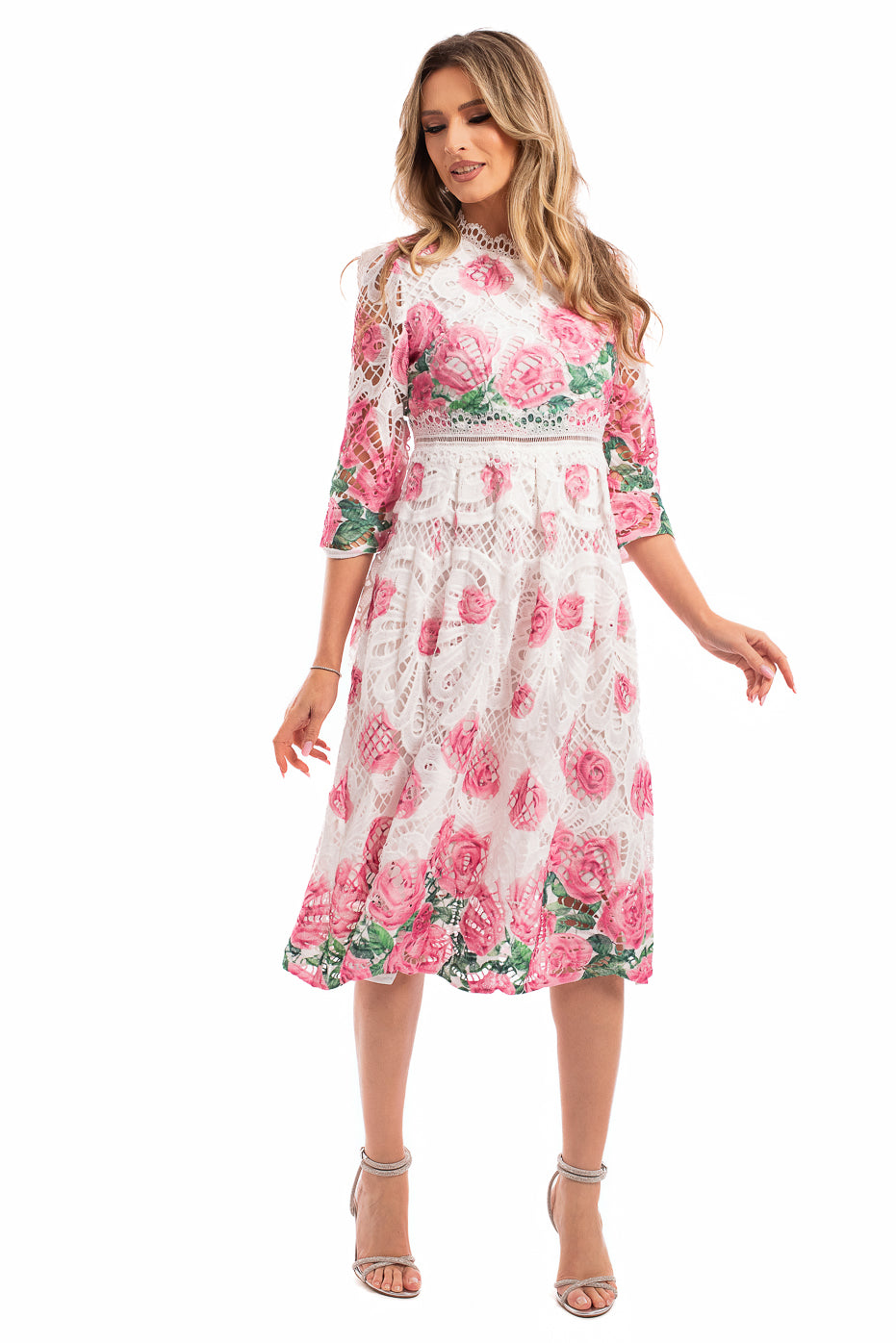 Rochie din Dantela Alba cu Flori