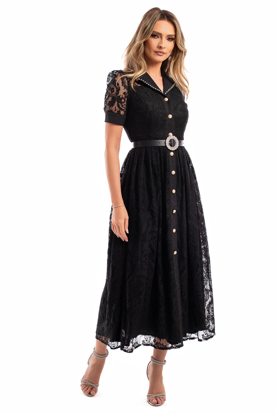 Rochie din Dantela Neagra cu Strasuri pe Revere