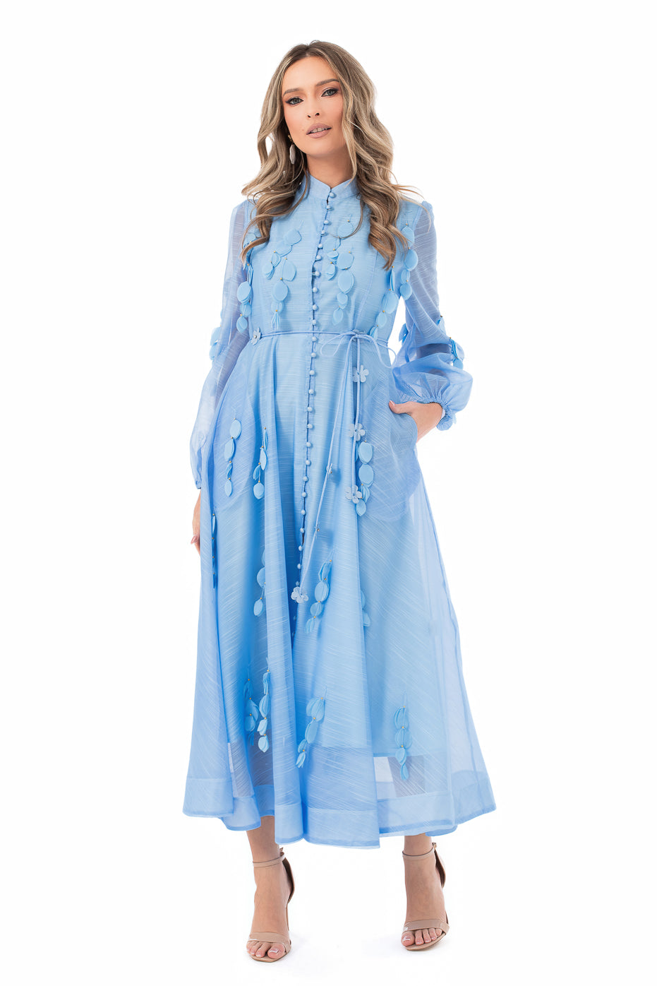 Rochie din Organza Bleu cu Aplicatii
