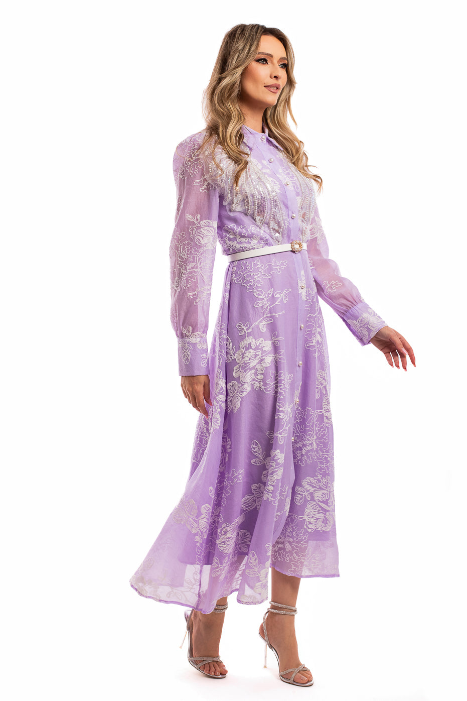 Rochie din Organza Brodata Lila cu Aplicatii