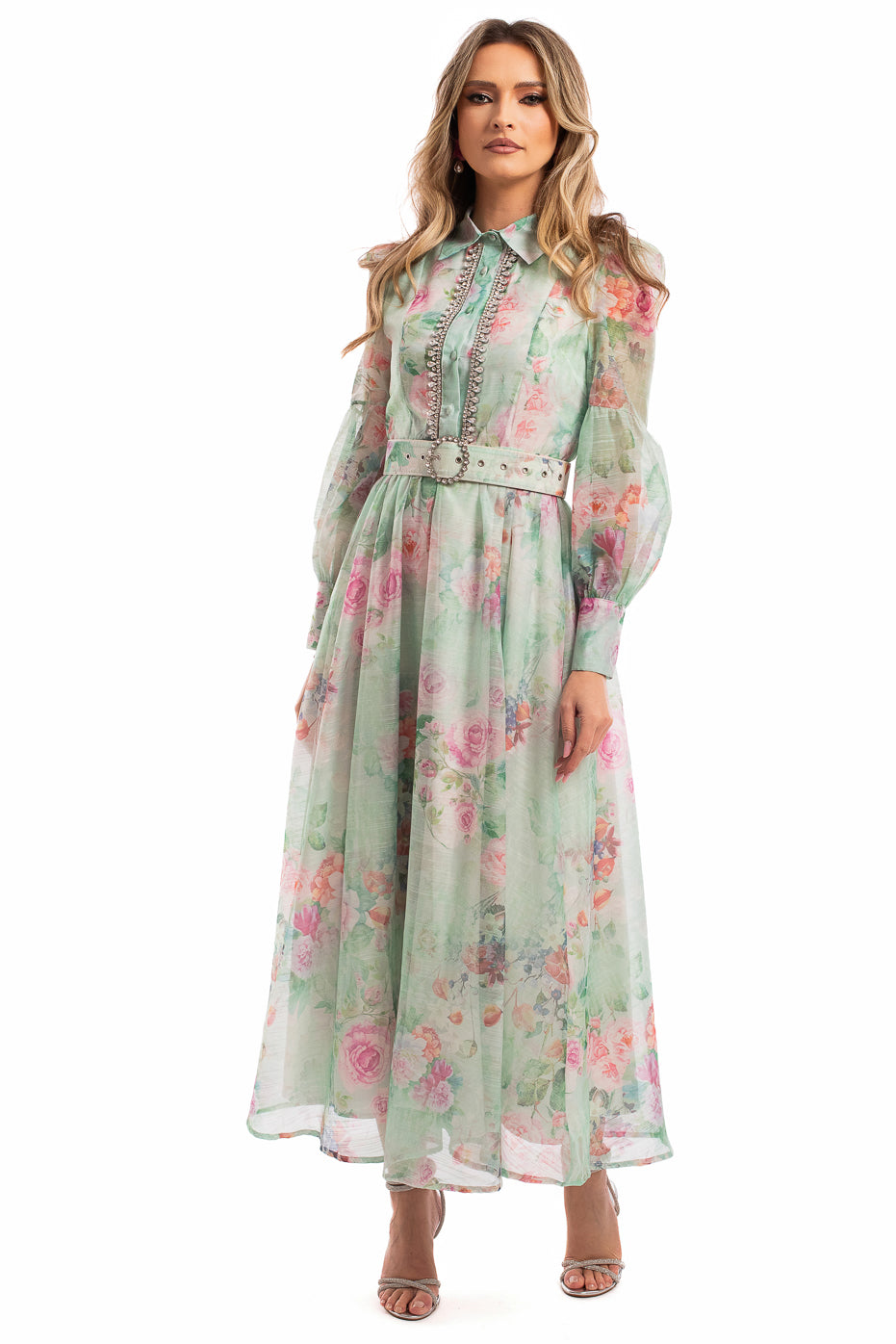 Rochie din Organza cu Print si Strasuri