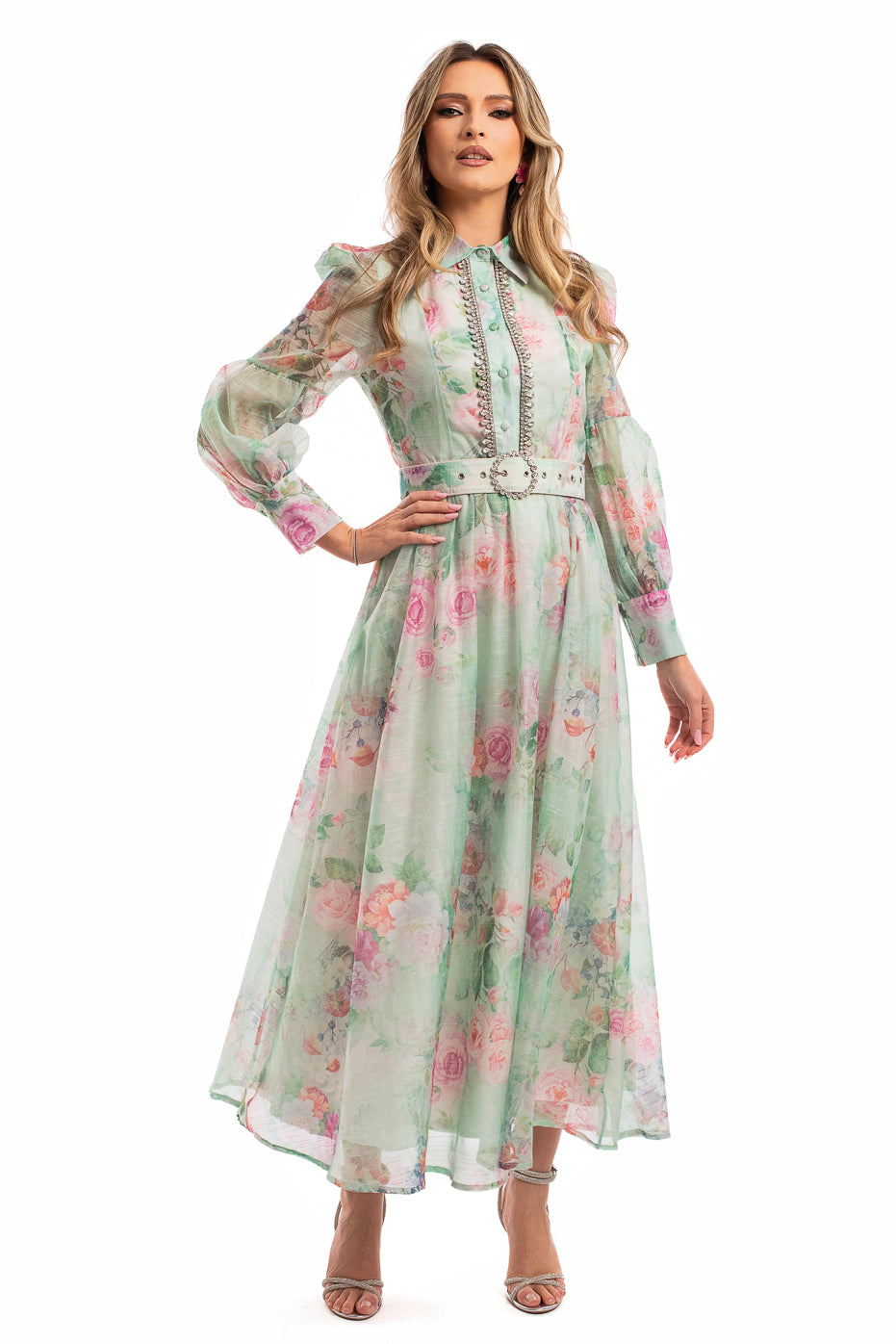 Rochie din Organza cu Print si Strasuri