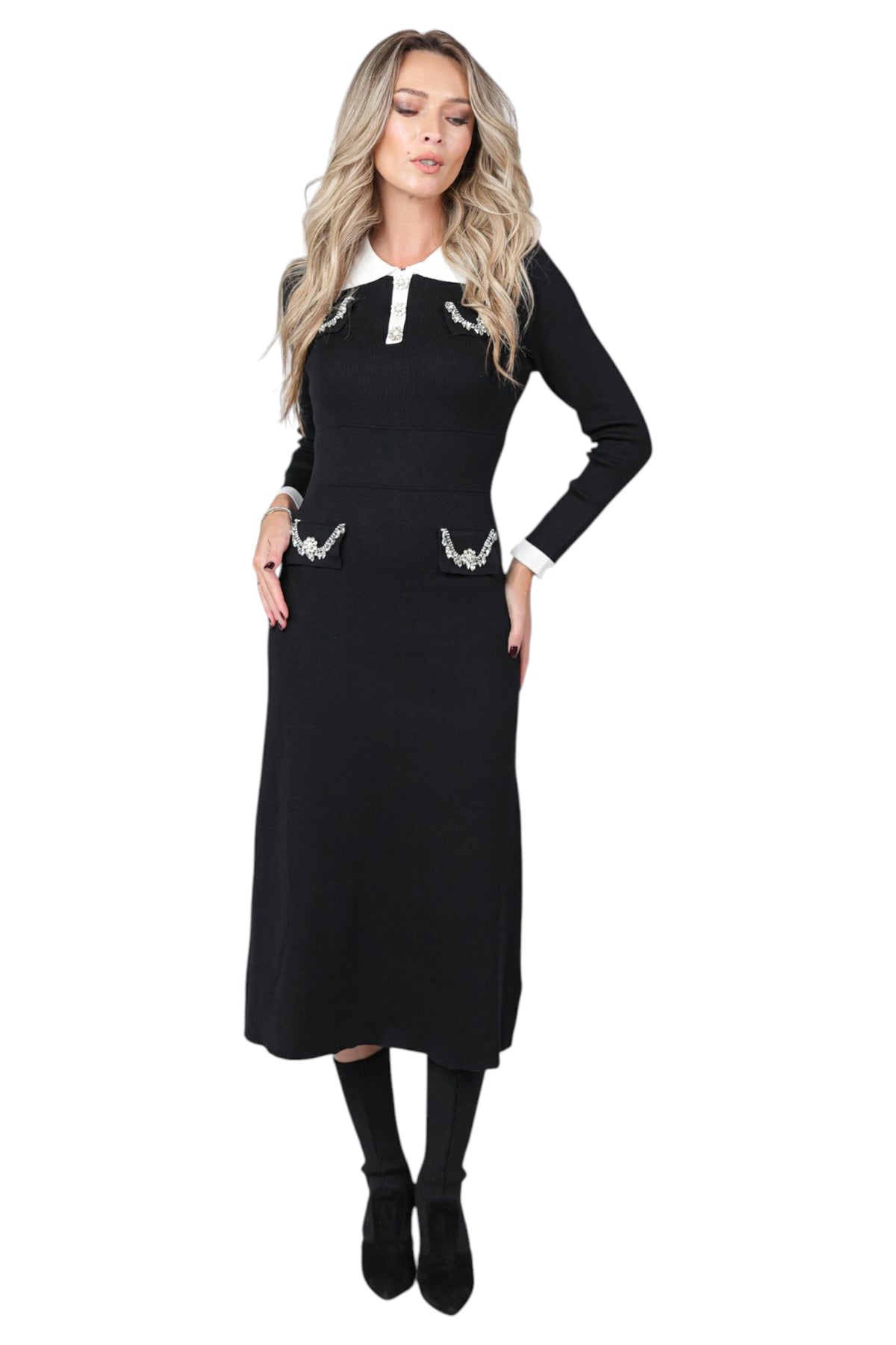 Rochie din Tricot Negru cu Strasuri