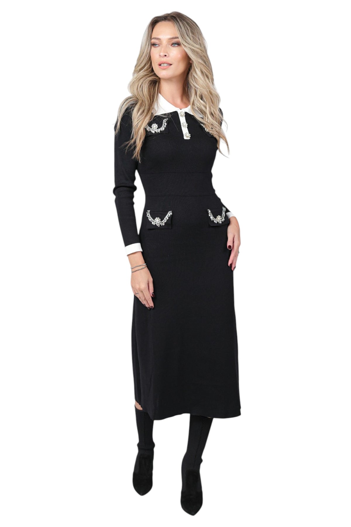 Rochie din Tricot Negru cu Strasuri
