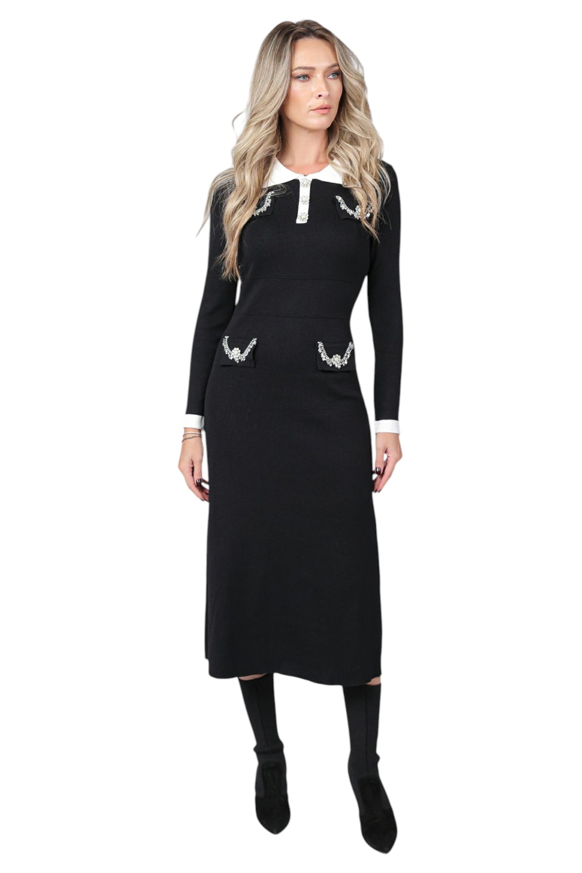Rochie din Tricot Negru cu Strasuri