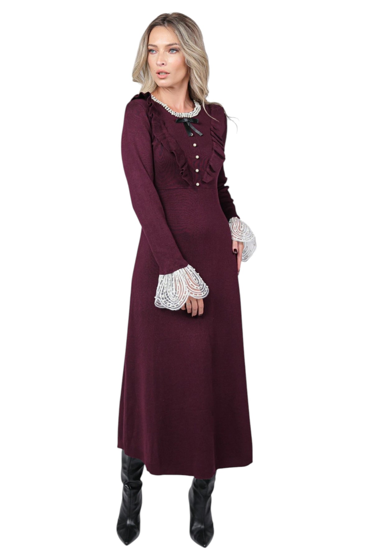 Rochie din Tricot cu Perle la Gat si pe Mansete