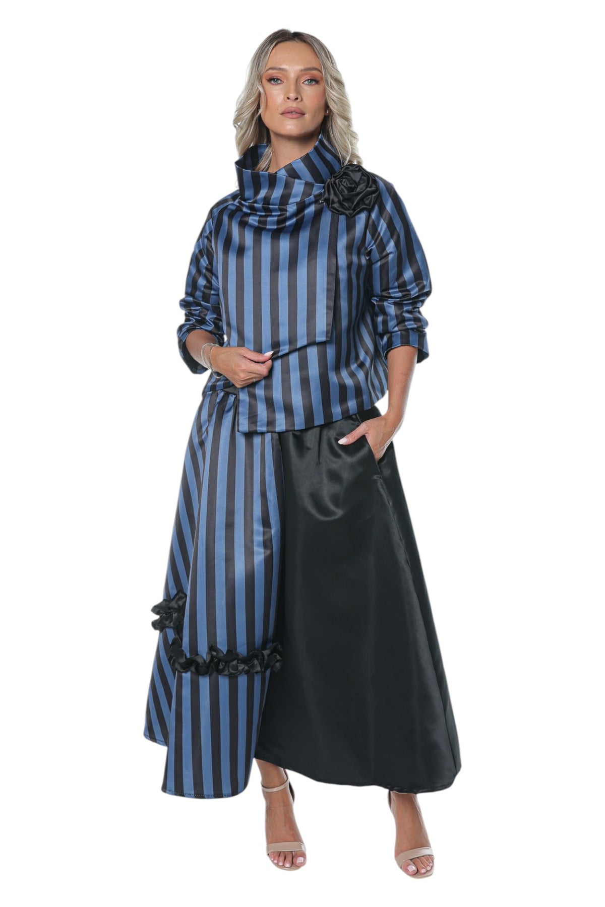 Set Elegant din Tafta cu Dungi Albastre