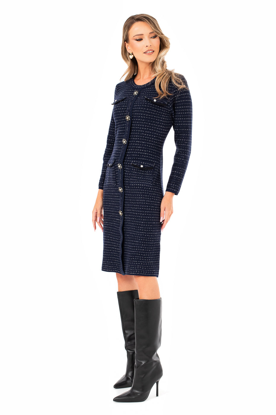 Rochie Midi cu Buzunare si Nasturi din Strasuri